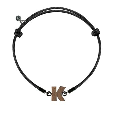 Wooden Letter Bracelet -  K - black cord