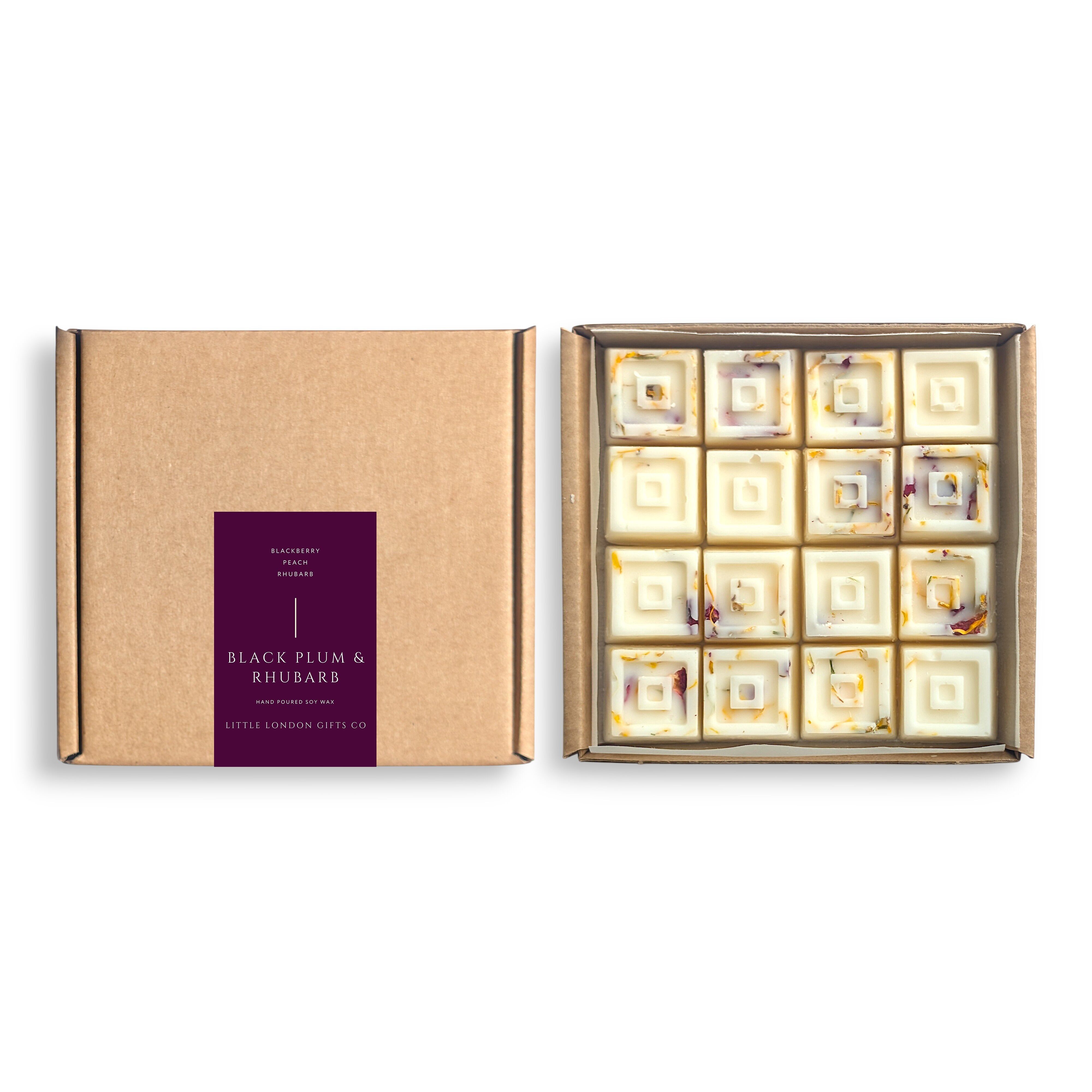 Caja de regalo de cera de soja fundida con ciruela negra y ruibarbo (16 unidades)