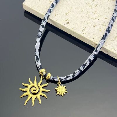 Leopard Necklace with Carved Golden Sun Pendant in Steel