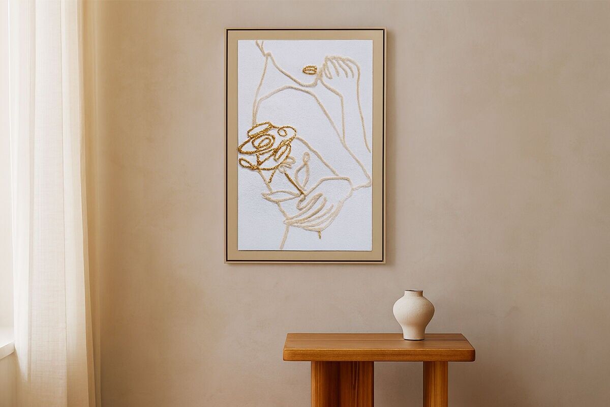 TEXTURED PAINTING OF A WOMAN WITH A BEIGE/GOLD ROSE - GALLERY