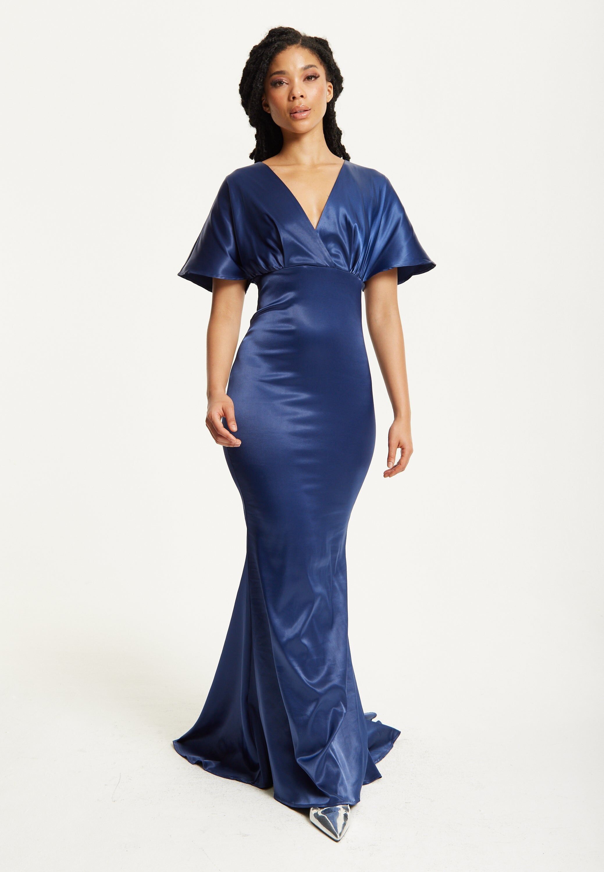 Abito lungo blu navy a maniche corte