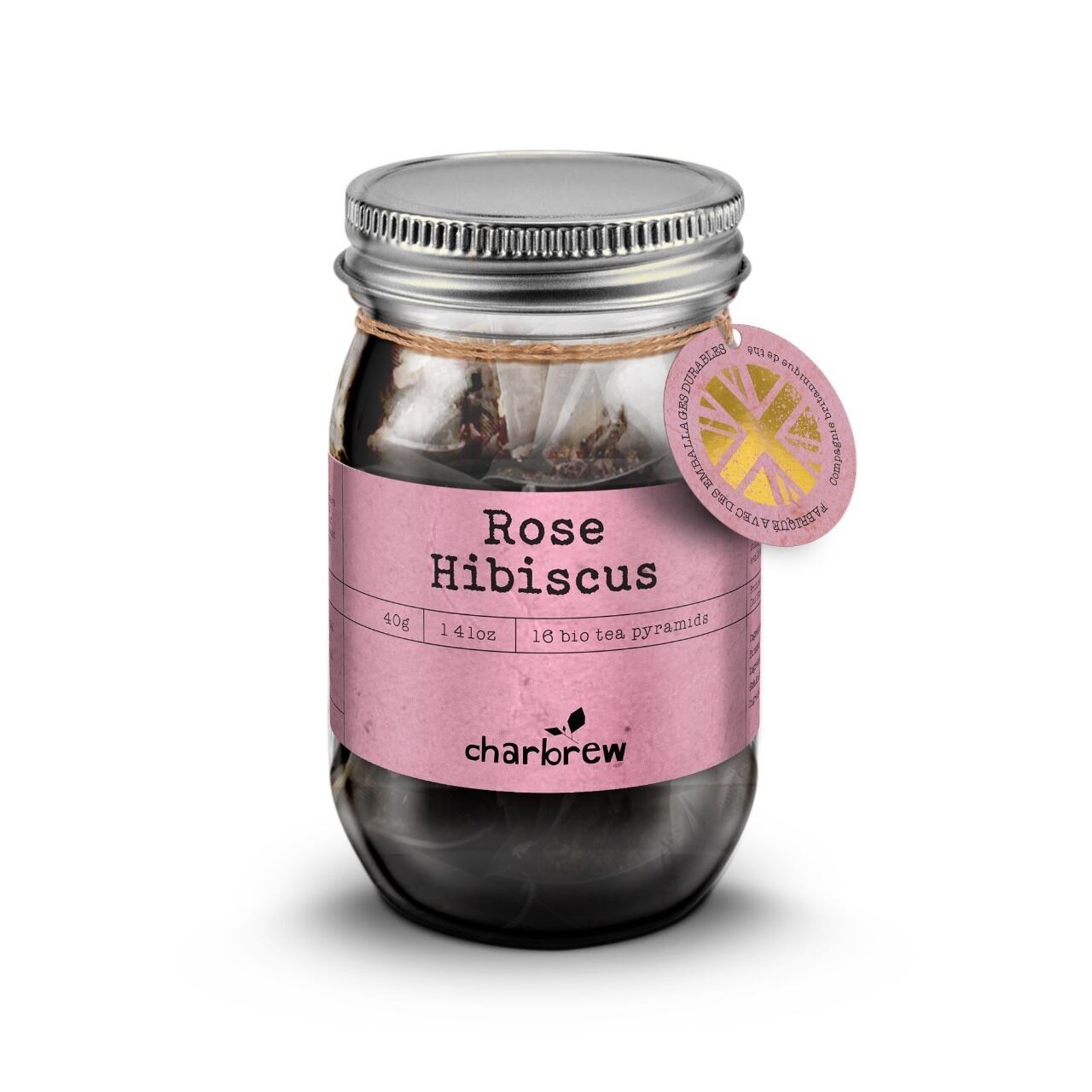 Rose Hibiscus Teebeutel Mason Jar - 16 biologisch abbaubare Pyramidenbeutel
