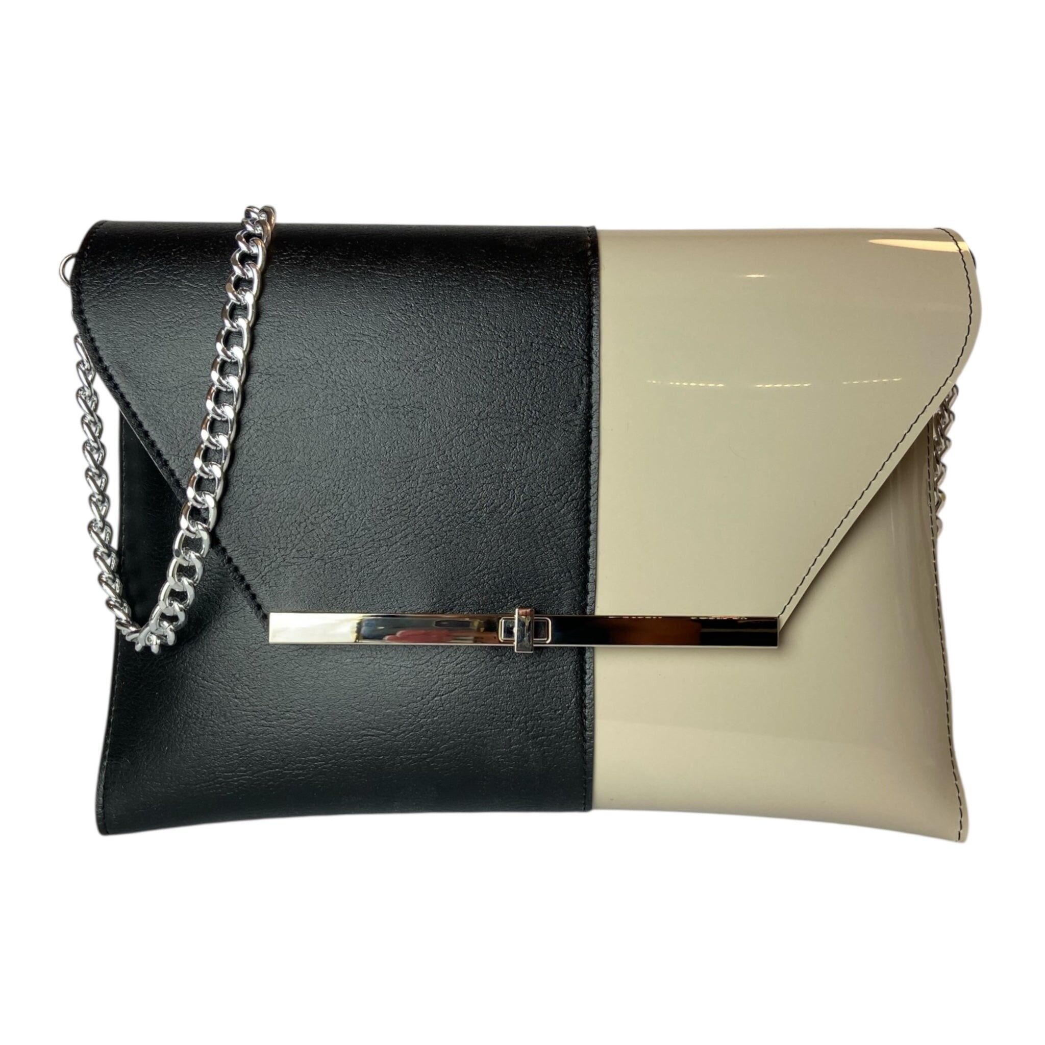 Clutch Maxi Black & Beige Lucido - Borsa donna a mano e tracolla