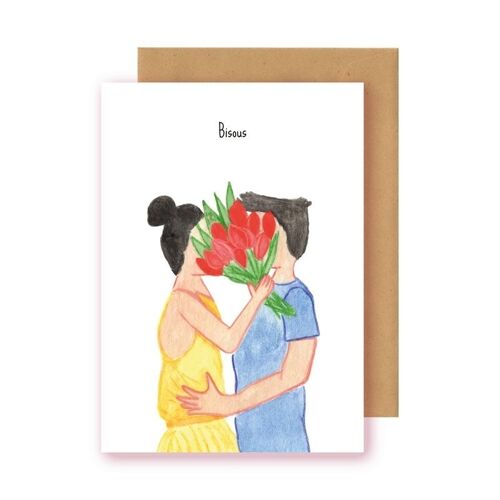 Postkaart - koppel kussend achter bloemen