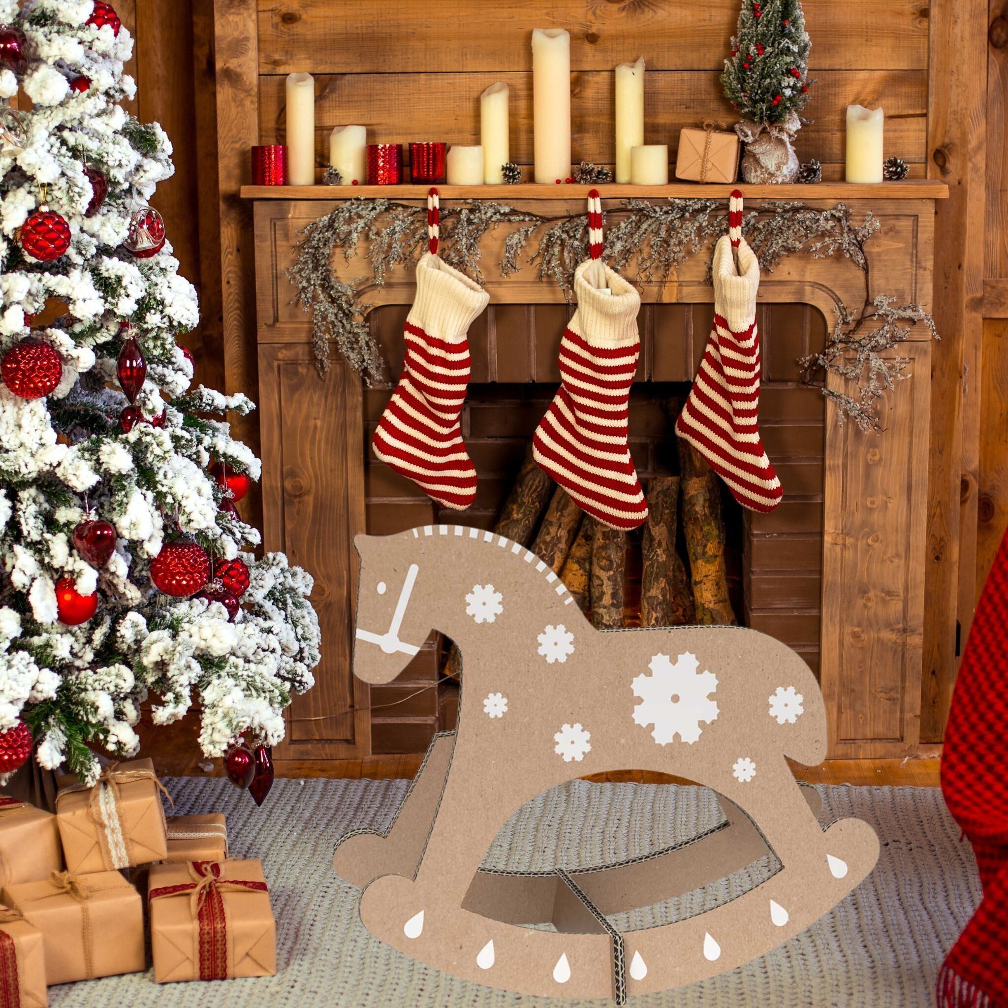 Décorations de Noël pour vitrines – Cheval à bascule décoratif en carton