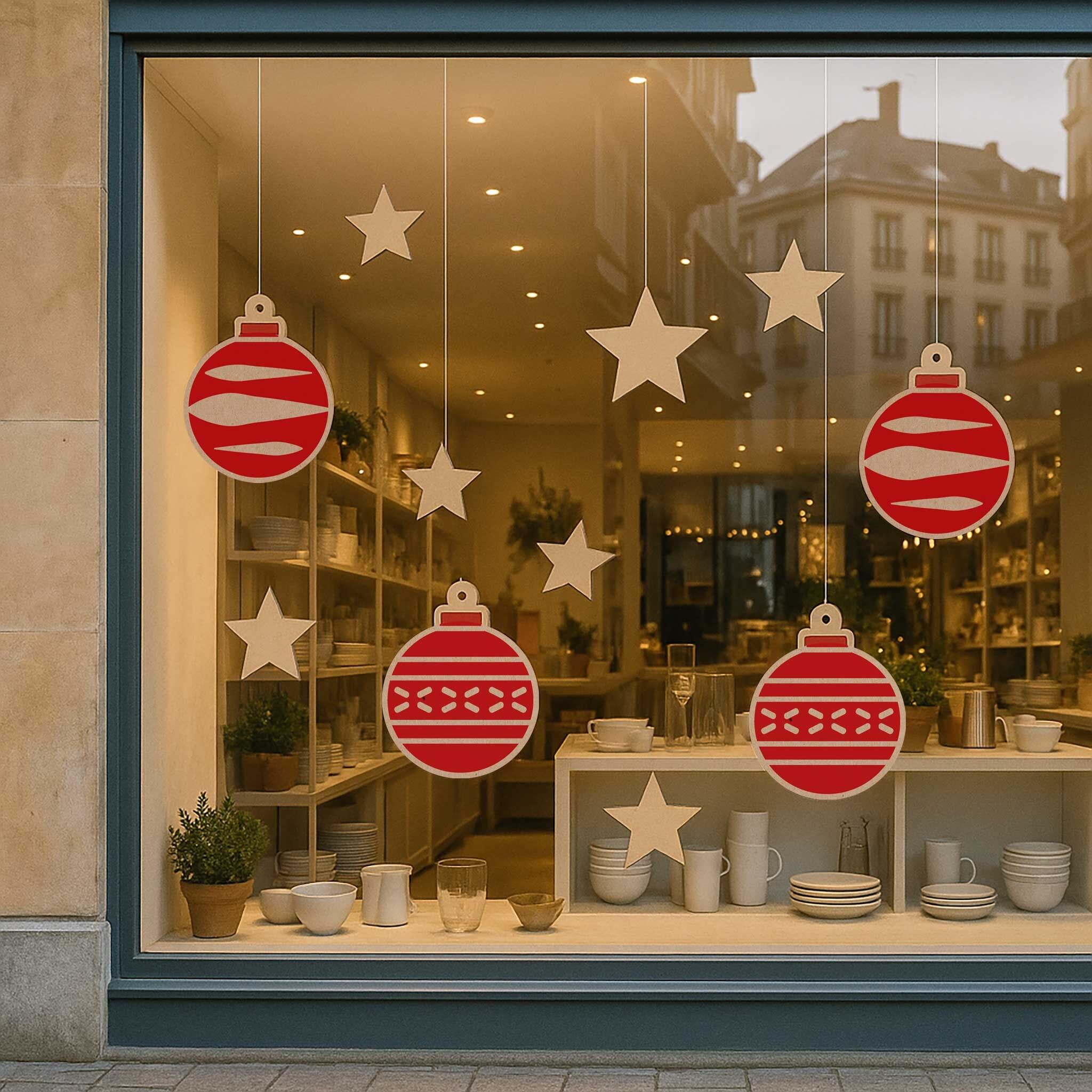 Decorazioni per vetrine natalizie in cartone – Palline e Stelle (set da 8)