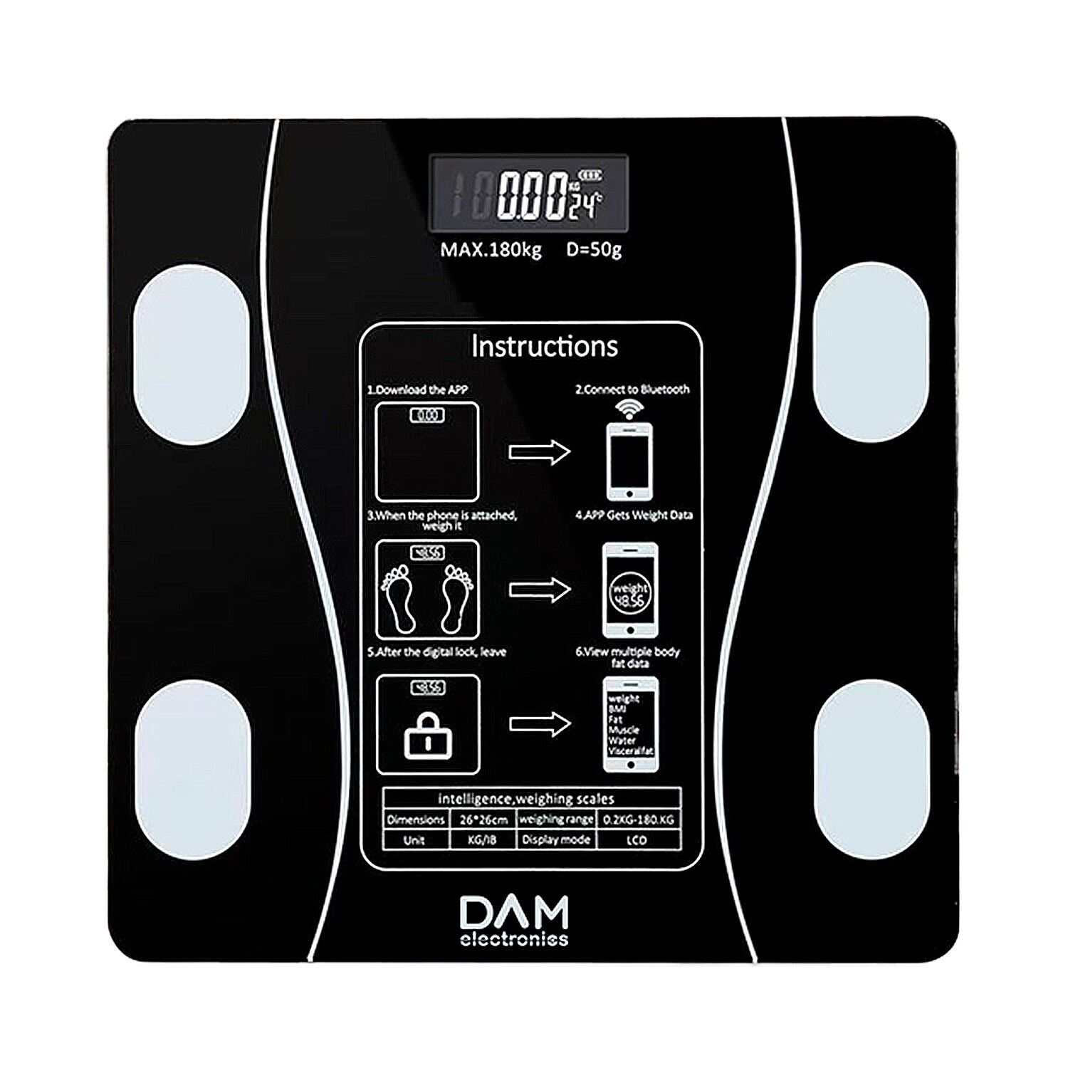 Balance intelligente avec bioimpédance, Bluetooth et App. 18 mesures différentes : poids, % de graisse, IMC, âge corporel, etc. Couleur : Noir