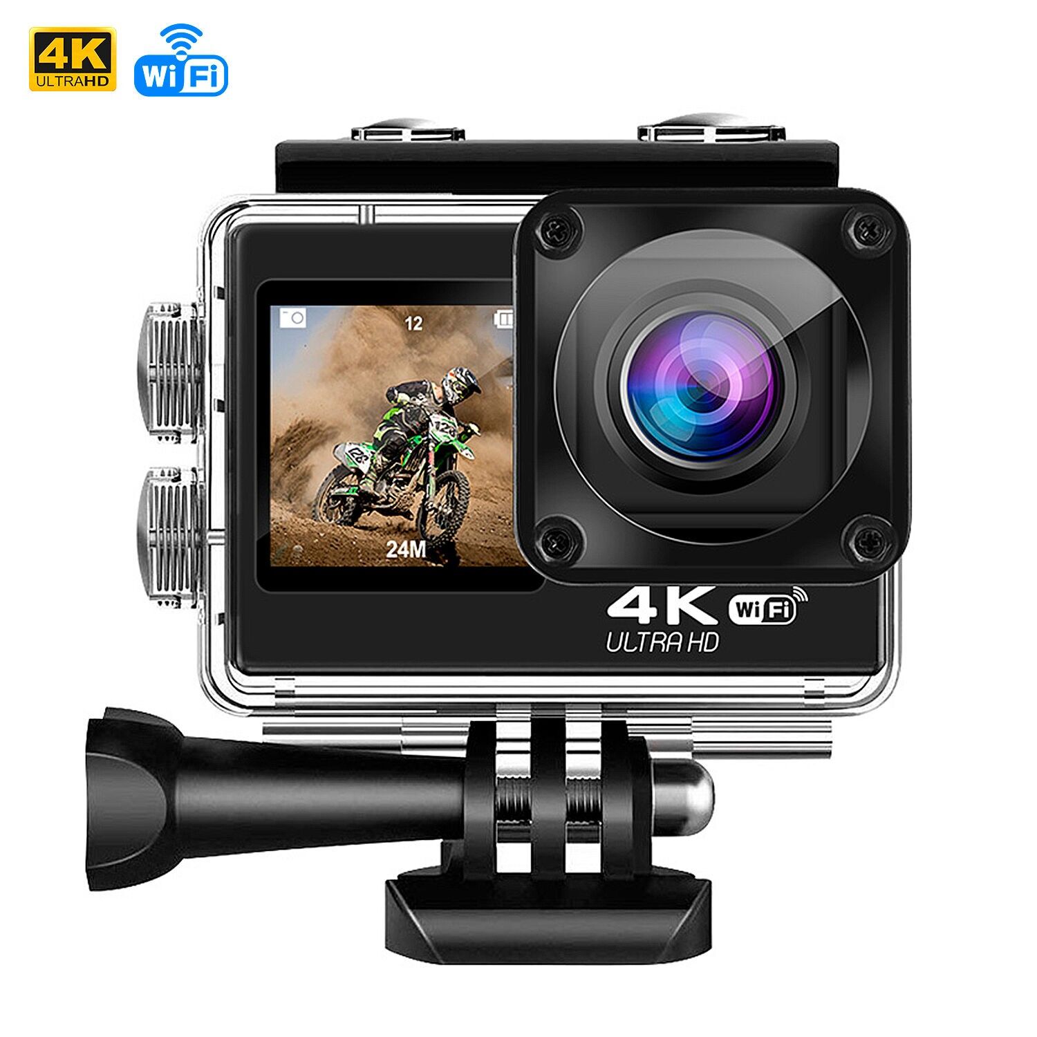 AT-Q60AR Telecamera sportiva 4k 30fps con 16 mpx, doppio schermo da 2" e 1.3" con una moltitudine di accessori sportivi e WIFI. Colore: Nero