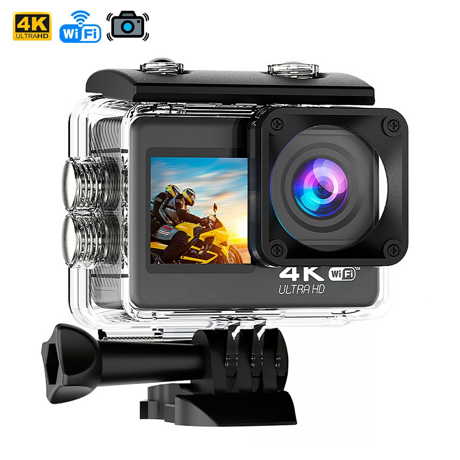 AT-S60 TR Telecamera sportiva 4k 60fps con 24 mpx, doppio sensore da 2" e 1.Stabilizzatore d'immagine da 3", una moltitudine di accessori e WIFI. Colore: Nero