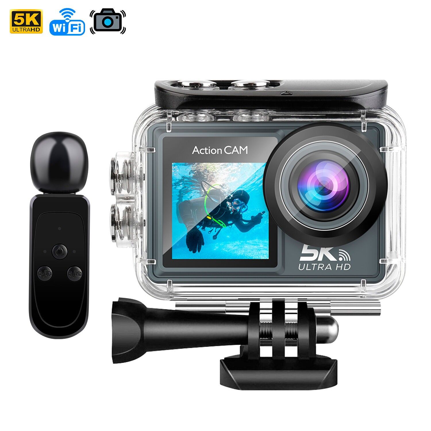 Telecamera sportiva TRW M40 5k 30 fps con 47,5 mpx, doppio obiettivo da 2" e 1.3", stabilizzatore d'immagine, una moltitudine di accessori, microfono wireless e WIFI.Colore: grigio