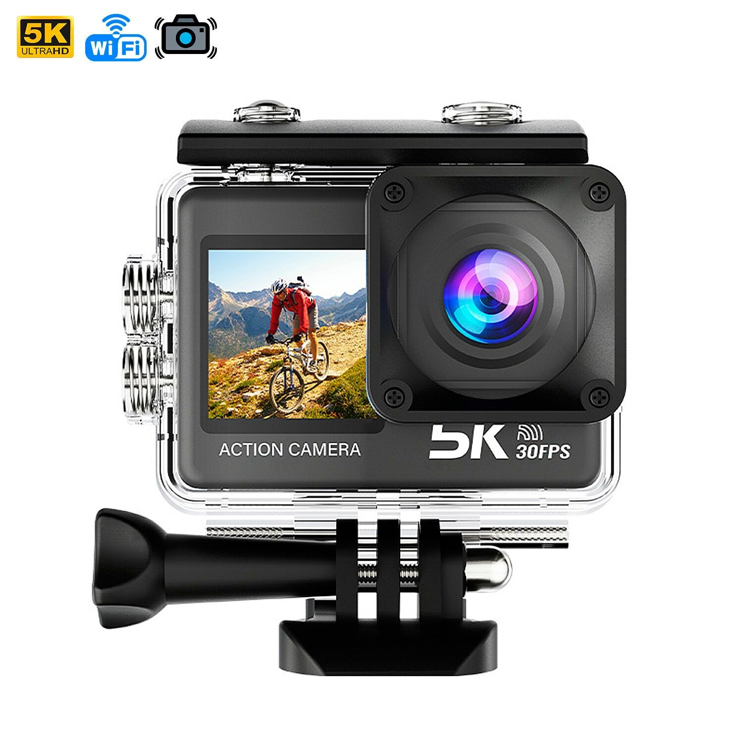 Videocamera sportiva M60 TR 5k 30fps con 47,5 mpx, doppio obiettivo da 2" e 1.3", stabilizzatore d'immagine, una moltitudine di accessori e WIFI. Colore: Nero