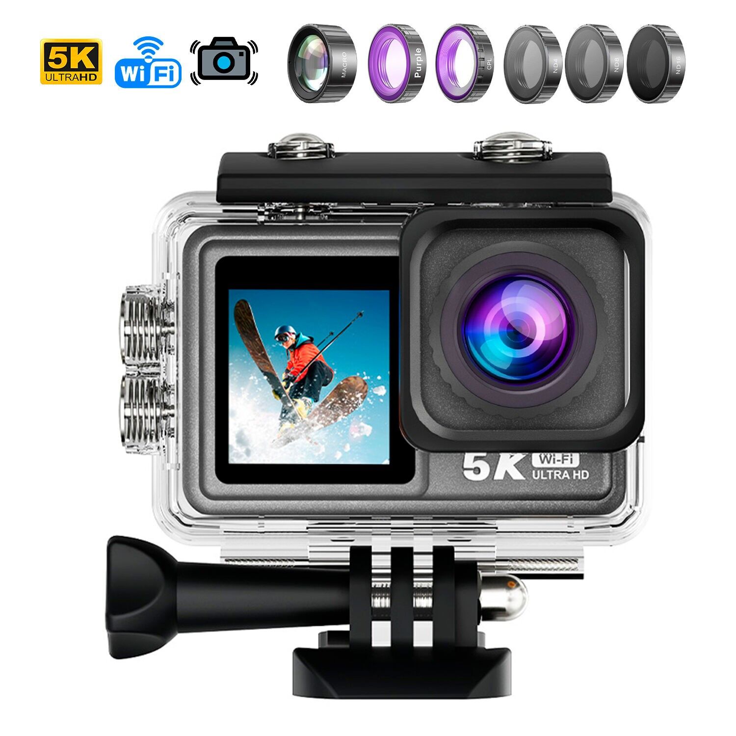 M81 TR 5k 30fps Telecamera sportiva con 50 mpx, doppio schermo da 2" e 1.3", stabilizzatore d'immagine, una moltitudine di accessori, 6 filtri e WIFI.Colore: grigio