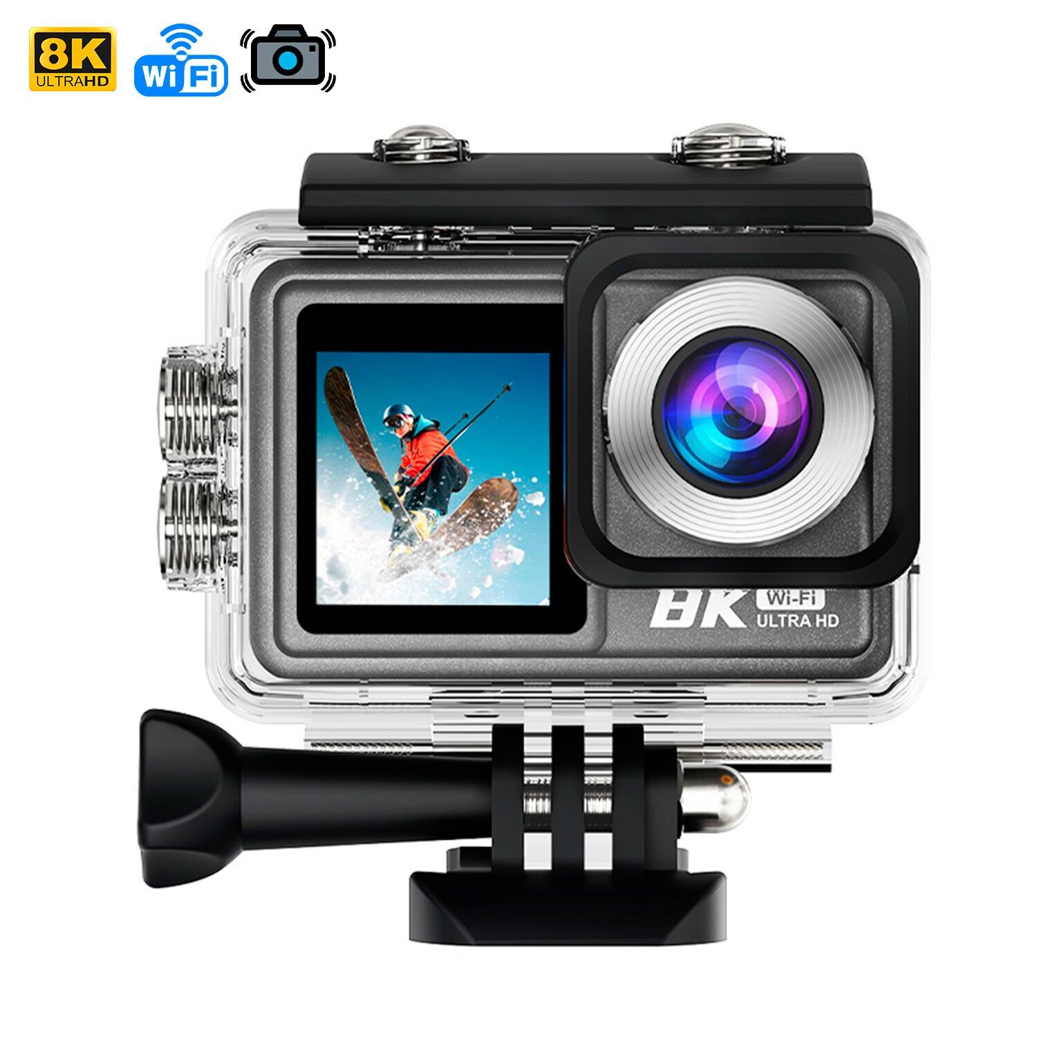 M86 TR 8k 15fps Telecamera sportiva con 50 mpx, doppio schermo da 2" e 1.3", stabilizzatore d'immagine, una moltitudine di accessori e WIFI.Colore: grigio