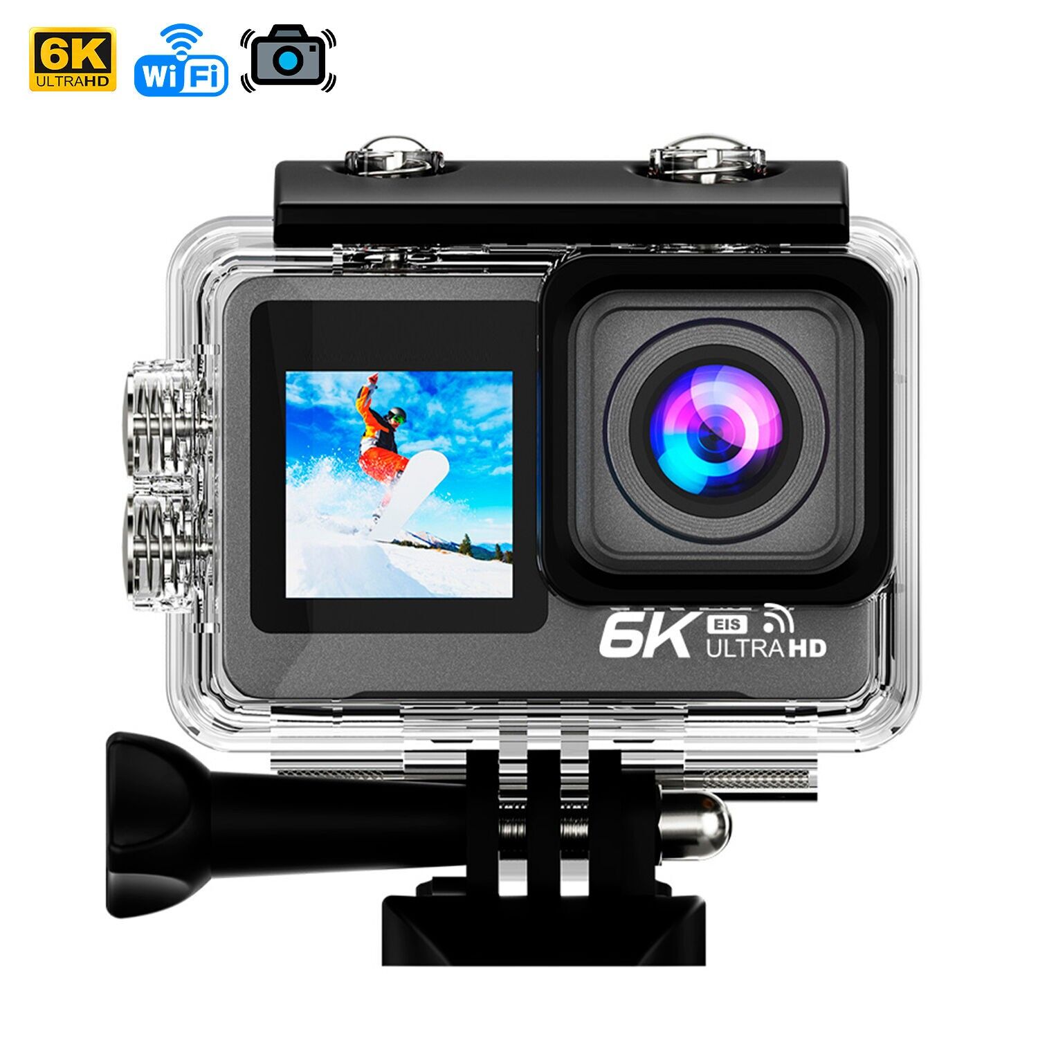 Telecamera sportiva M82 TR 6k 30fps con 47,5 mpx, doppio obiettivo da 2" e 1.3", stabilizzatore d'immagine, una moltitudine di accessori e WIFI.Colore: grigio