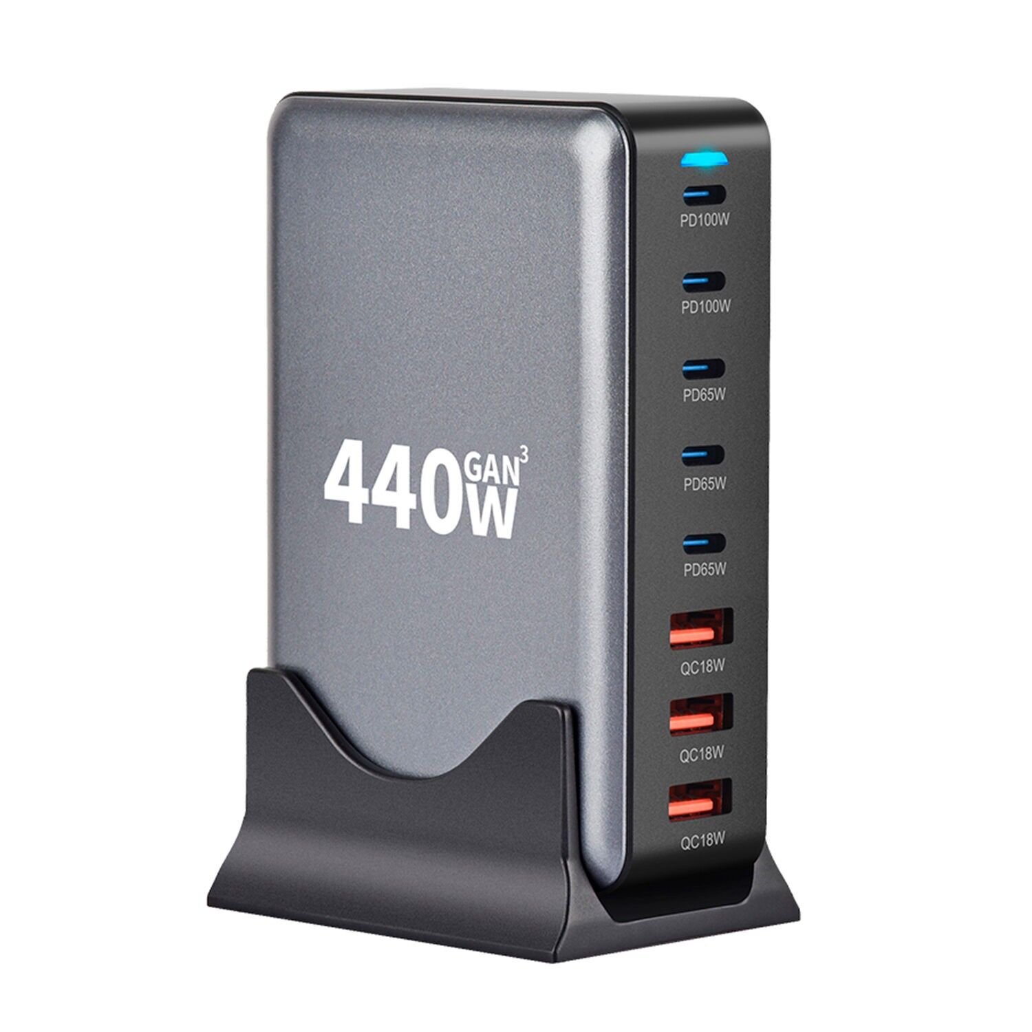 Caricabatterie da tavolo da 440 W con 5 uscite USB Type-C a ricarica rapida e 3 uscite USB-A. Colore: Nero