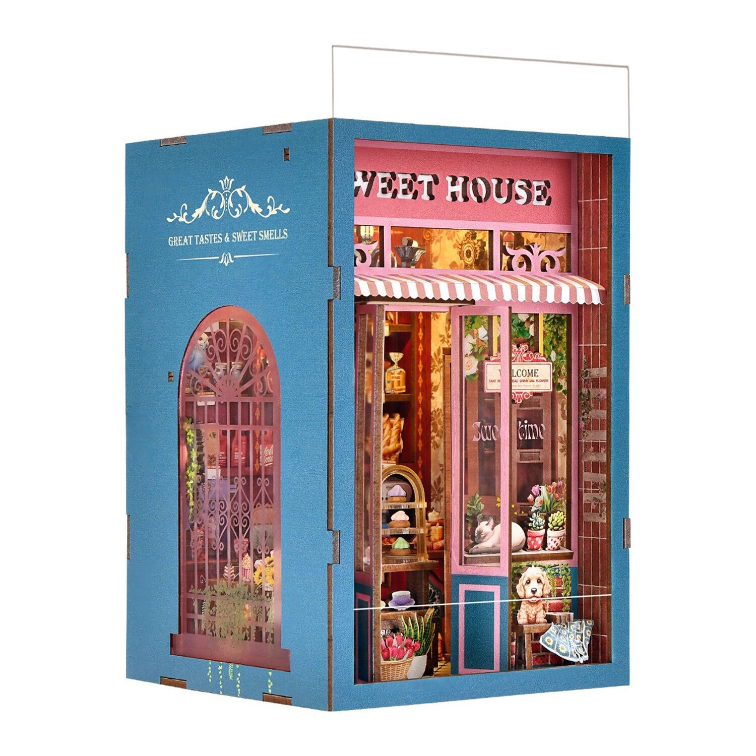 Collezione di caramelle. Angolo libri in legno, design 3D realistico con grande dettaglio, luci LED e 162 pezzi. Colore:Multicolore