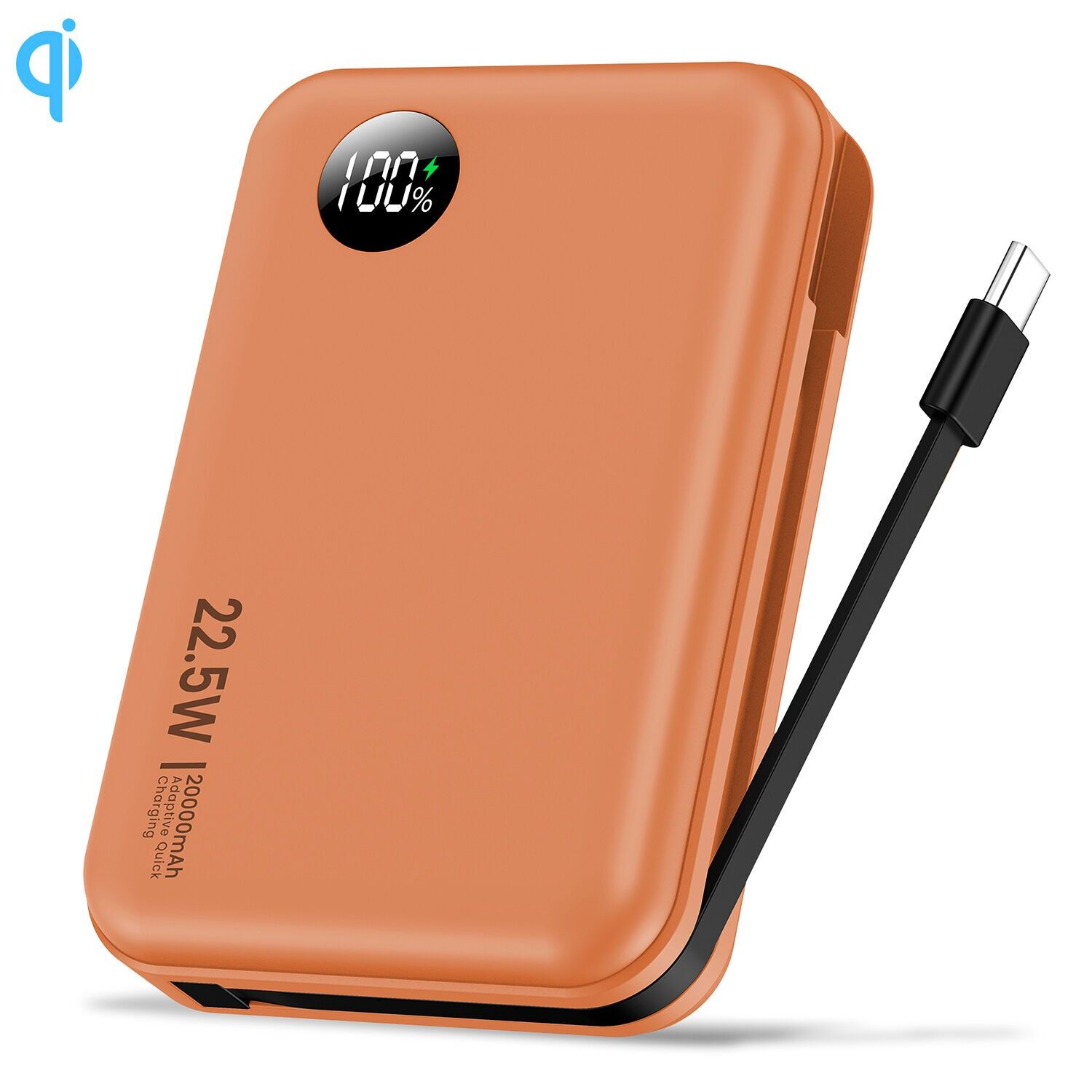 Powerbank 20.000mAh con ricarica rapida PD22.5W, cavo USB-C integrato. Schermo di ricarica a LED.