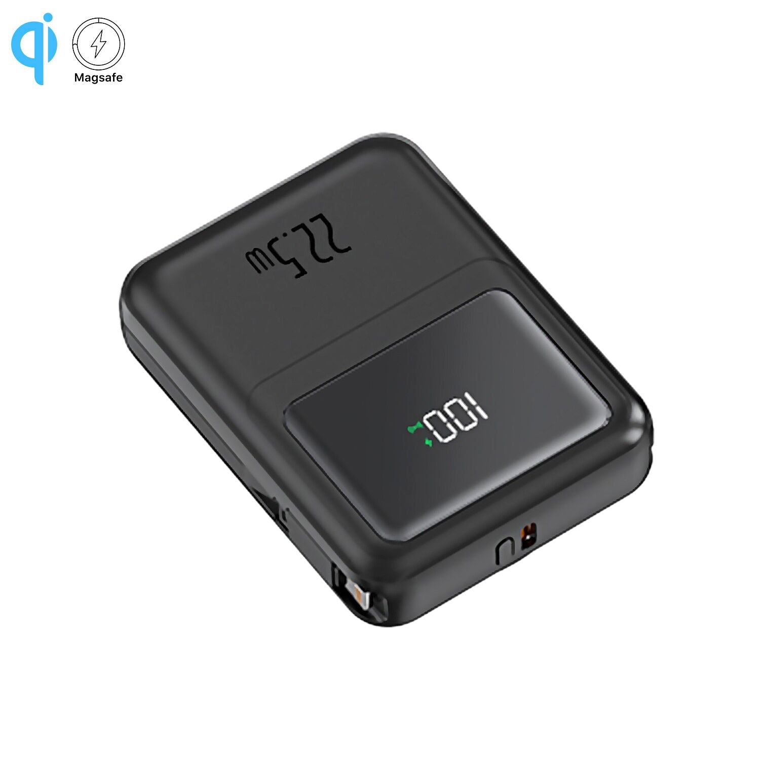 Powerbank 10.000 mAh con ricarica rapida PD22,5 W e ricarica wireless da 15 W. Cavi USB-C e Lightning integrati. Schermo di ricarica a LED.