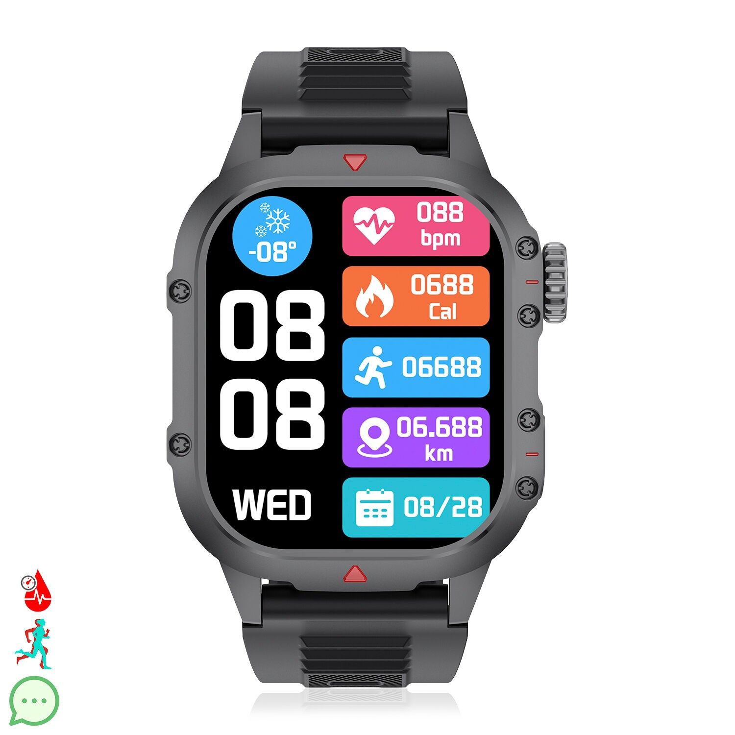 Montre connectée B04 avec appels BT, notifications push. Moniteur de sport et de santé. Couronne multifonction.