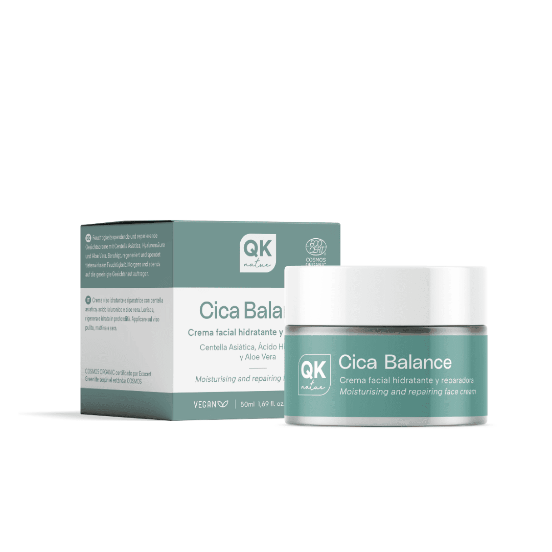 QKnatur - Cica Balance Moisturizing and Repairing Facial Cream with Centella Asiatica, Hyaluronic Acid, Aloe Vera, Jojoba and Shea Butter – For Sensitive and Dehydrated Skin – Day and Night – 50 ml - ECOCERT COSMOS ORGANIC Certified