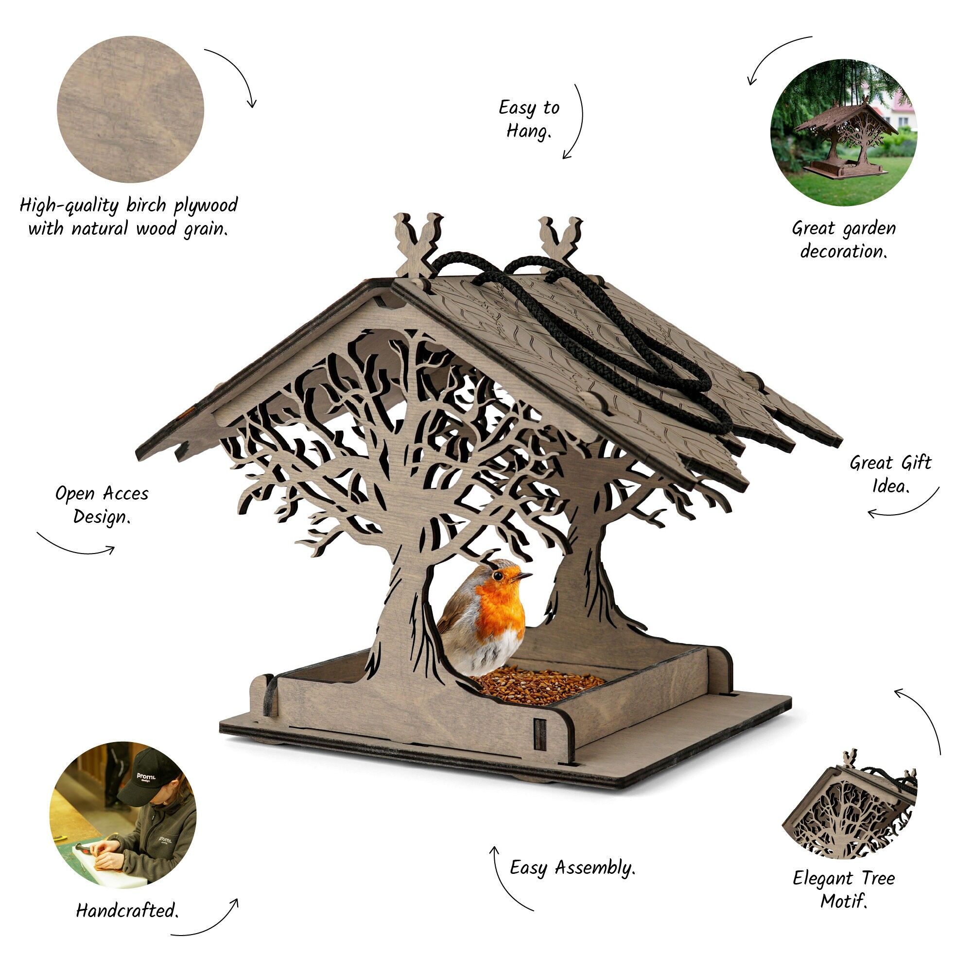 Comedero clásico de madera para pájaros, regalo perfecto para los amantes de la naturaleza.