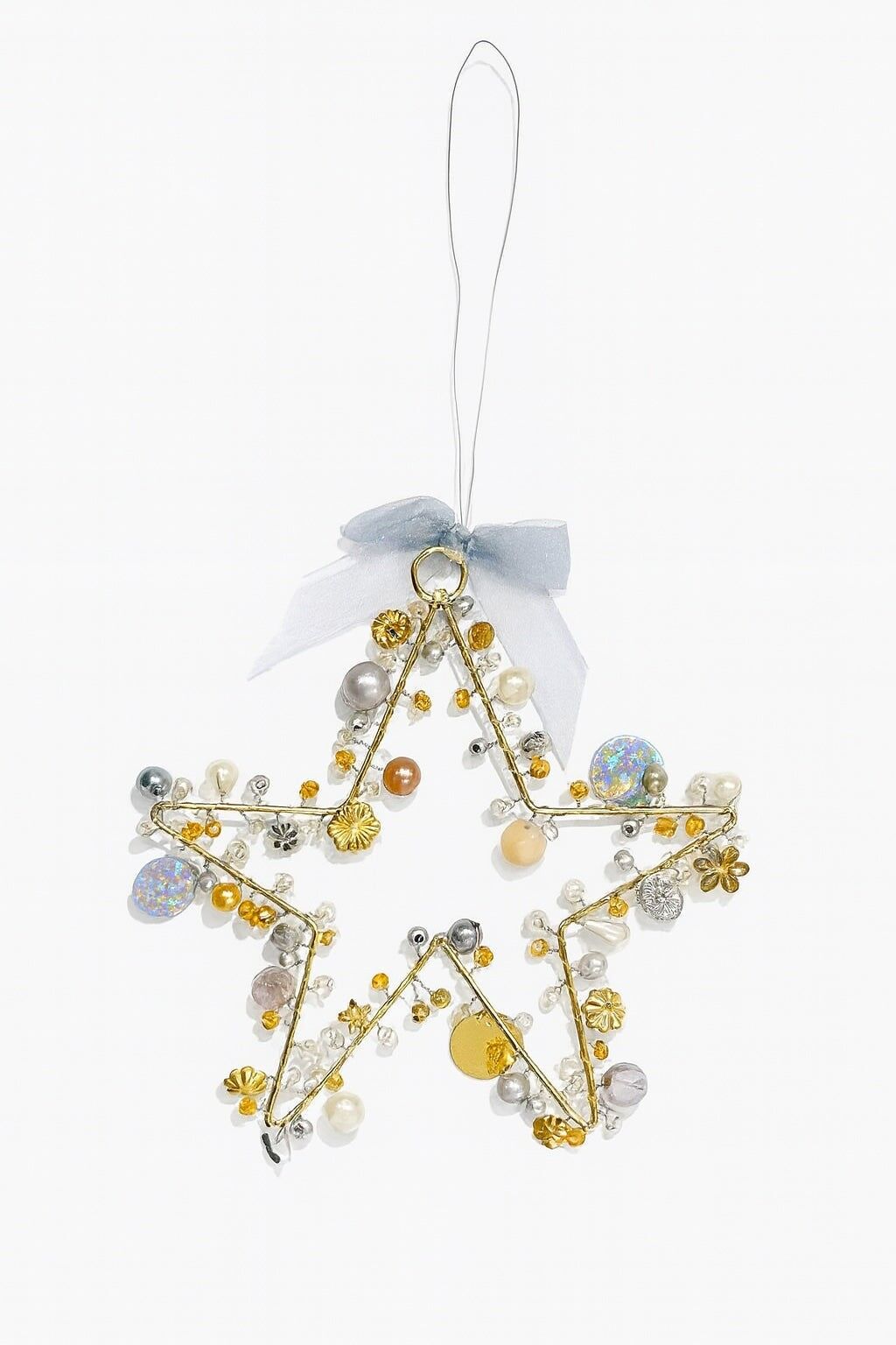 Étoile décorative faite main en fil d'or et d'argent, perles et perles – 10 cm