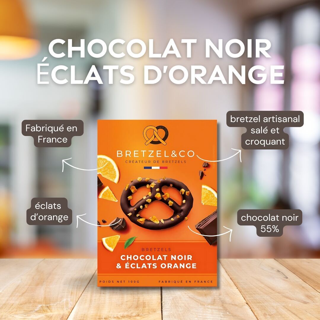 Dark chocolate pretzel with orange pieces - 100g