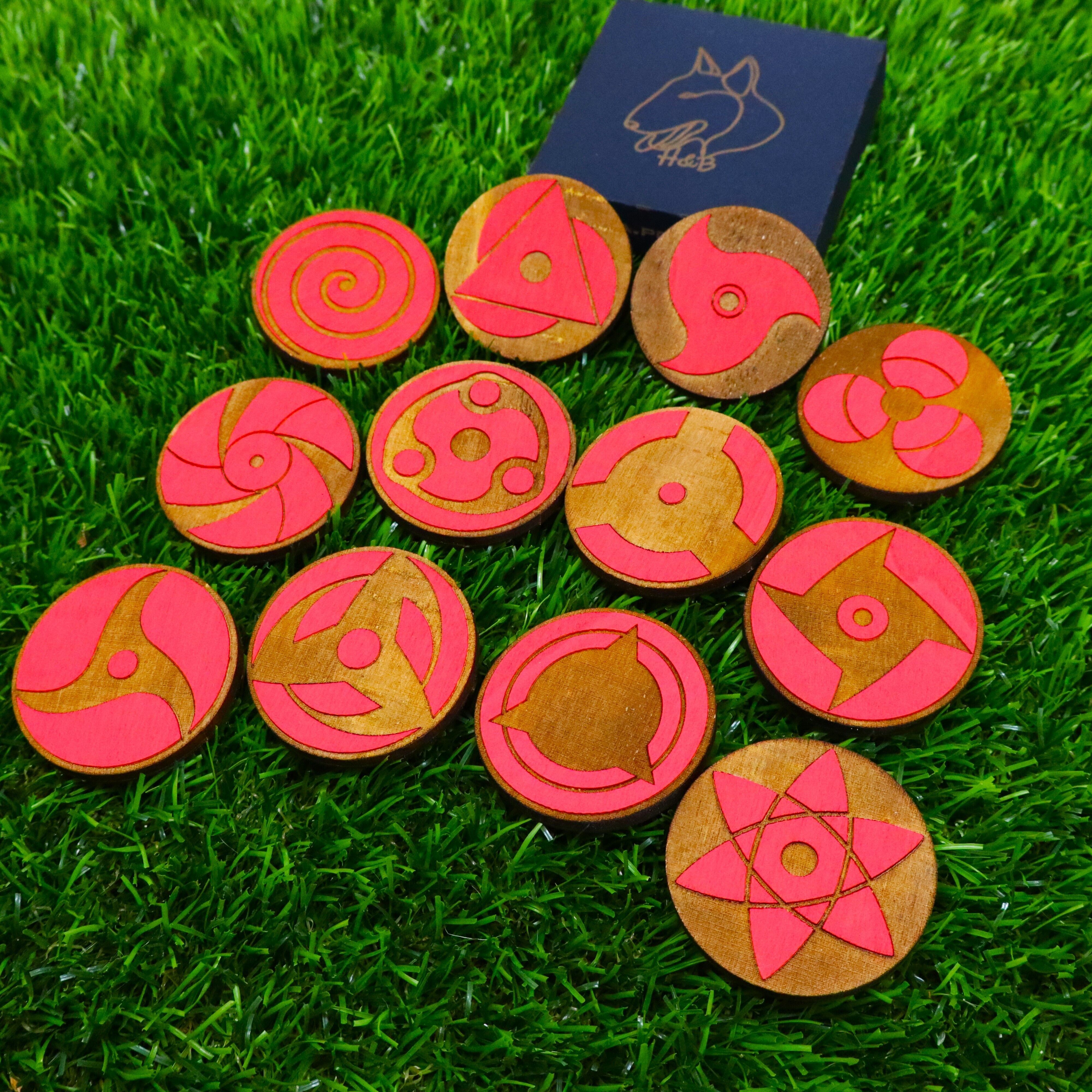 Naruto-Anime-Magnete aus Holz – 12 Mangekyou Sharingan-Set