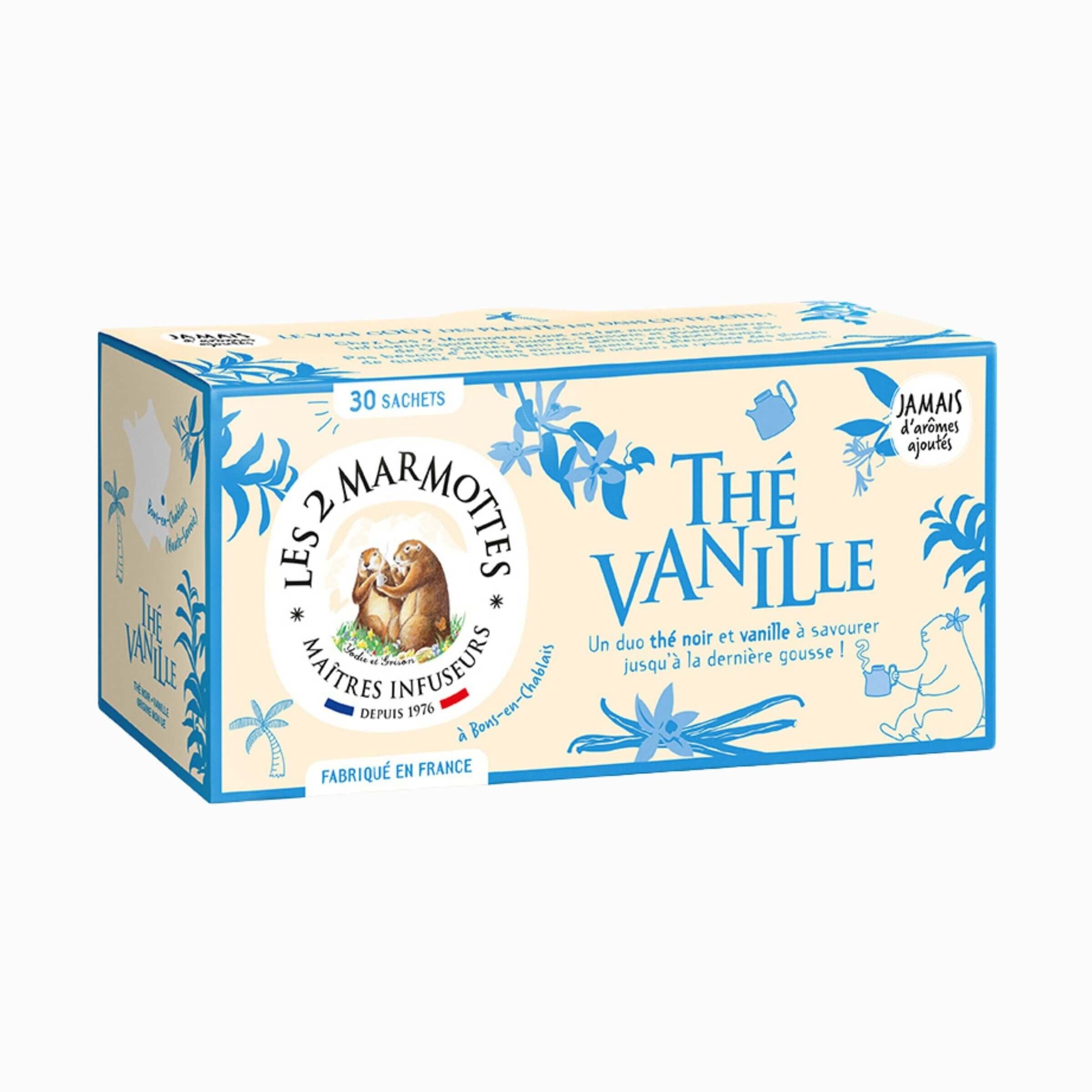 Té de vainilla Les 2 Marmottes - NUEVO - Vainilla orgánica - Energizante y delicioso - Para la mañana - 30 bolsitas por caja - Hecho en Francia - 48 g