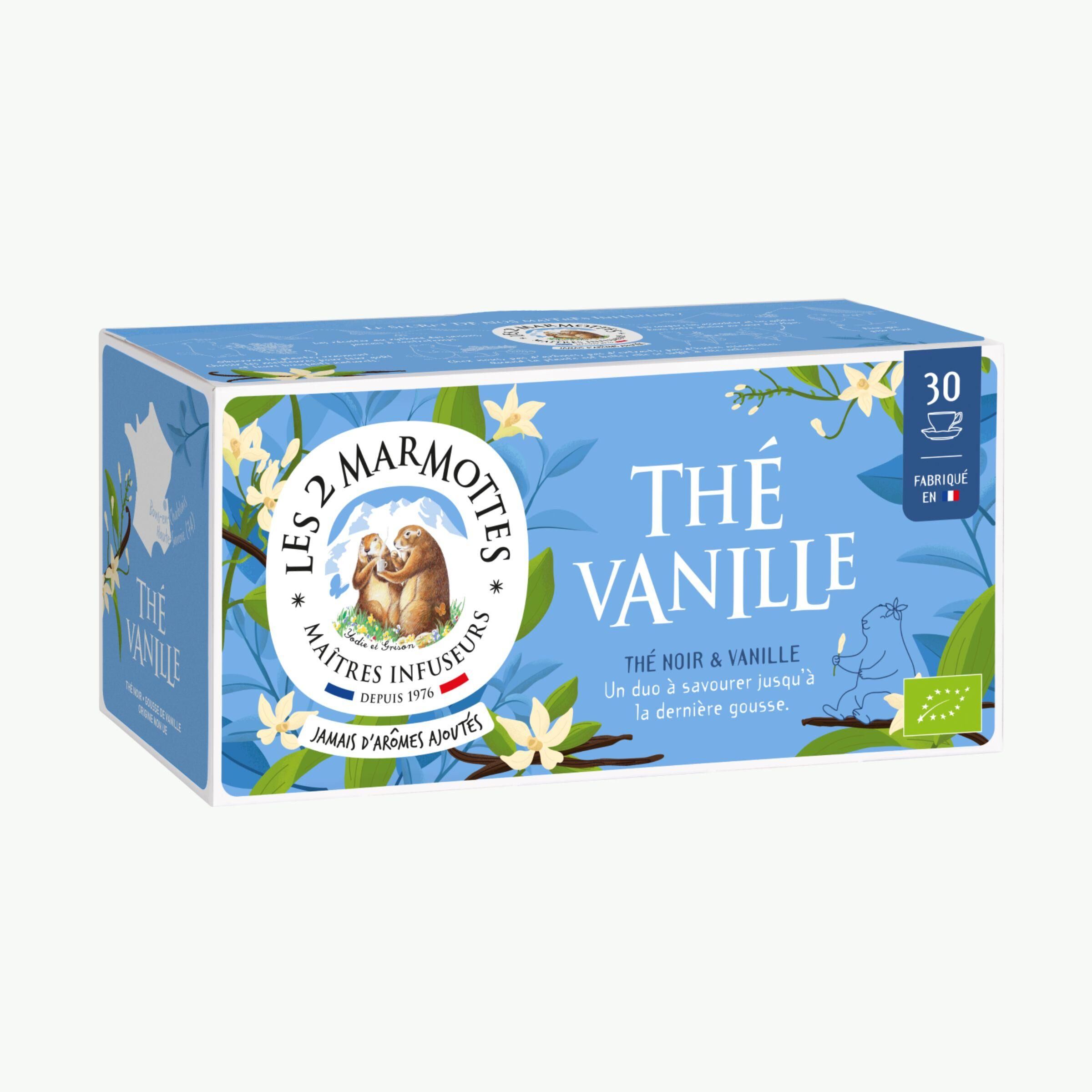Les 2 Marmottes Vanilla Tea - NEW - Organic Vanilla - Energizing and delicious - For the morning - 30 Bags per box - Made in France - 48g