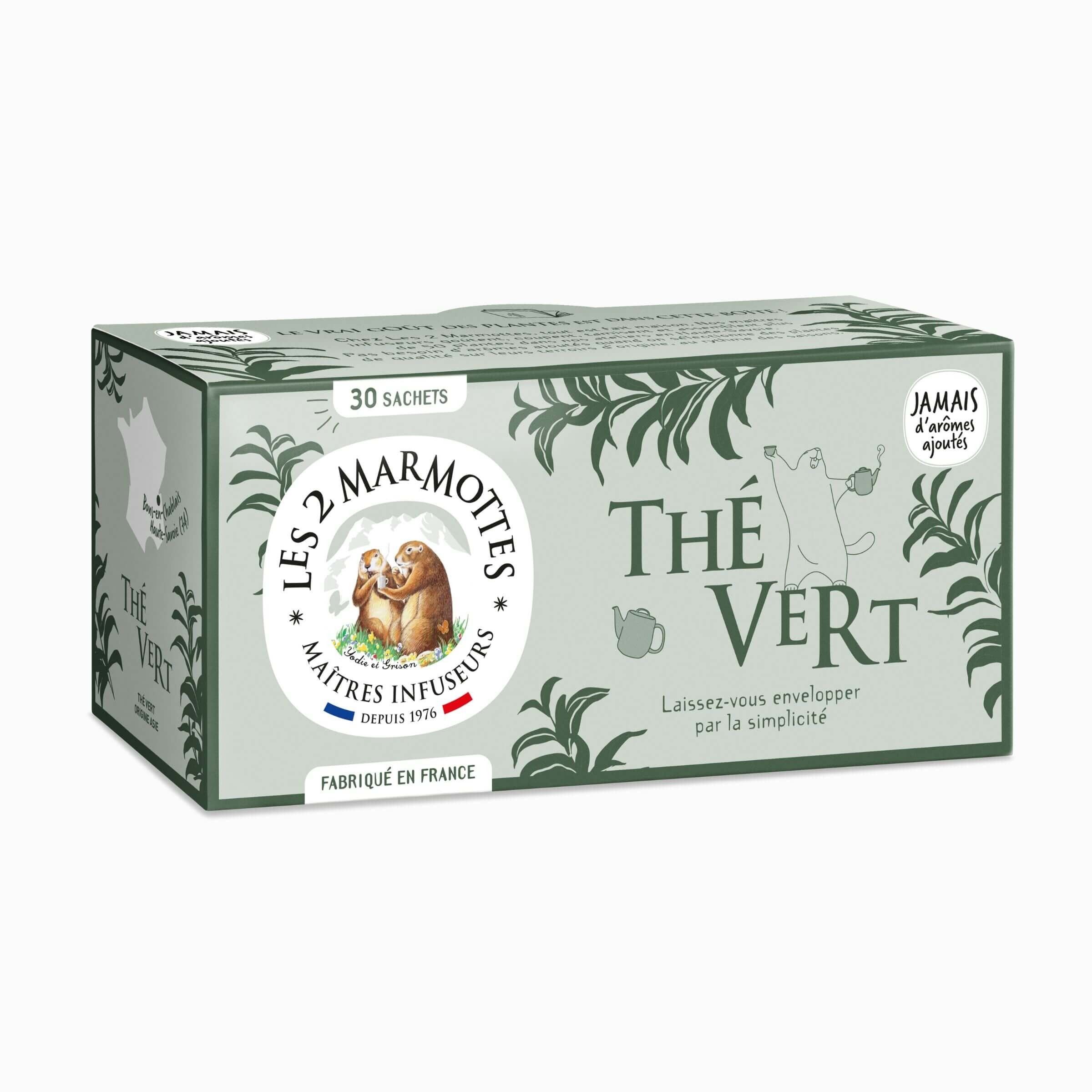 Té Verde Les 2 Marmottes - 100% Orgánico - Energizante y tonificante - Para el desayuno - 30 Bolsitas de Té por caja - Hecho en Francia - 58g