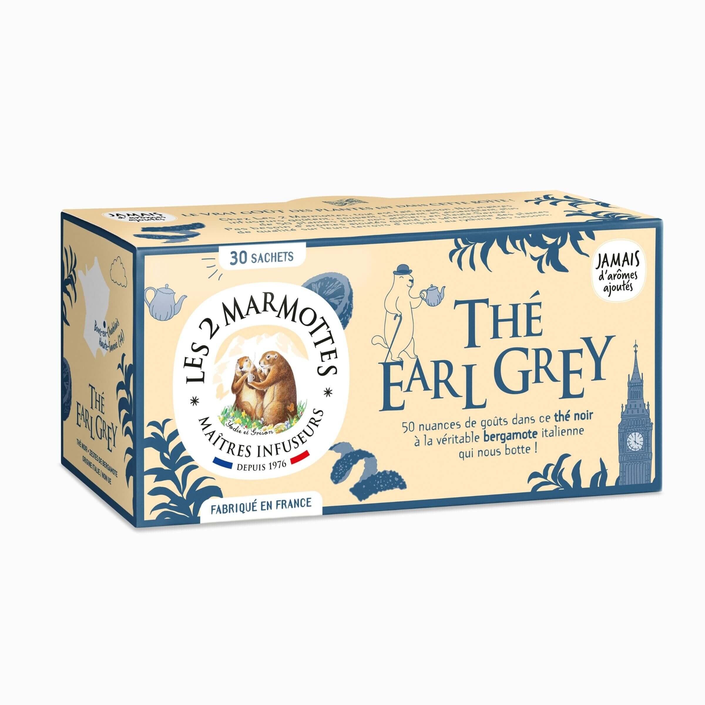 Té Earl Grey Les 2 Marmottes - NUEVO - 100% Té Negro y Bergamota Orgánica - Energizante y estimulante - Para el desayuno - 30 Bolsitas por caja - Hecho en Francia - 50g