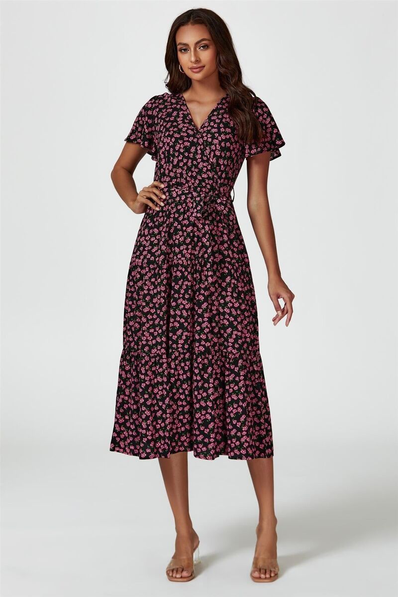 dark pink wrap midi dress in mixed print Pink & Black Geometric Print Belted Midi Dress