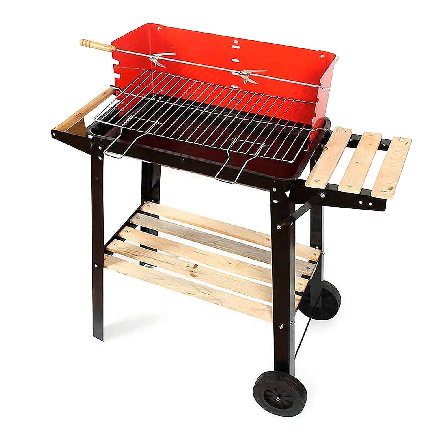 Barbecue a carbonella portatile con ruote e spiedo.Colore: Nero/Rosso