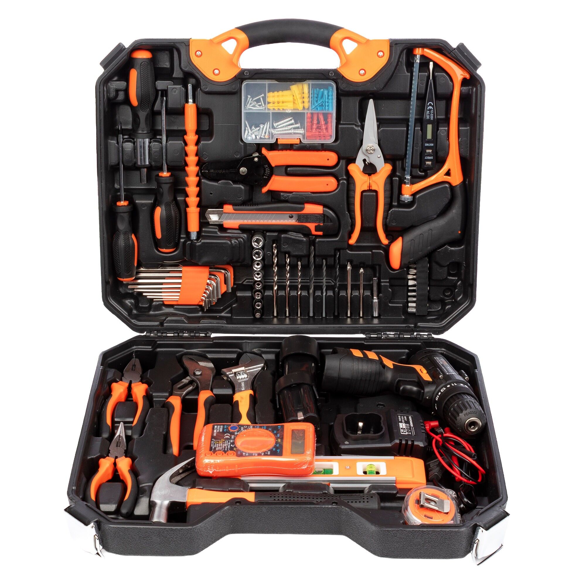 Werkzeugset mit Koffer, elektrische Bohrmaschine mit zwei Geschwindigkeiten, zwei 16-Volt-Akkus.8V 1300mAh und 120 Stück.Farbe: Orange