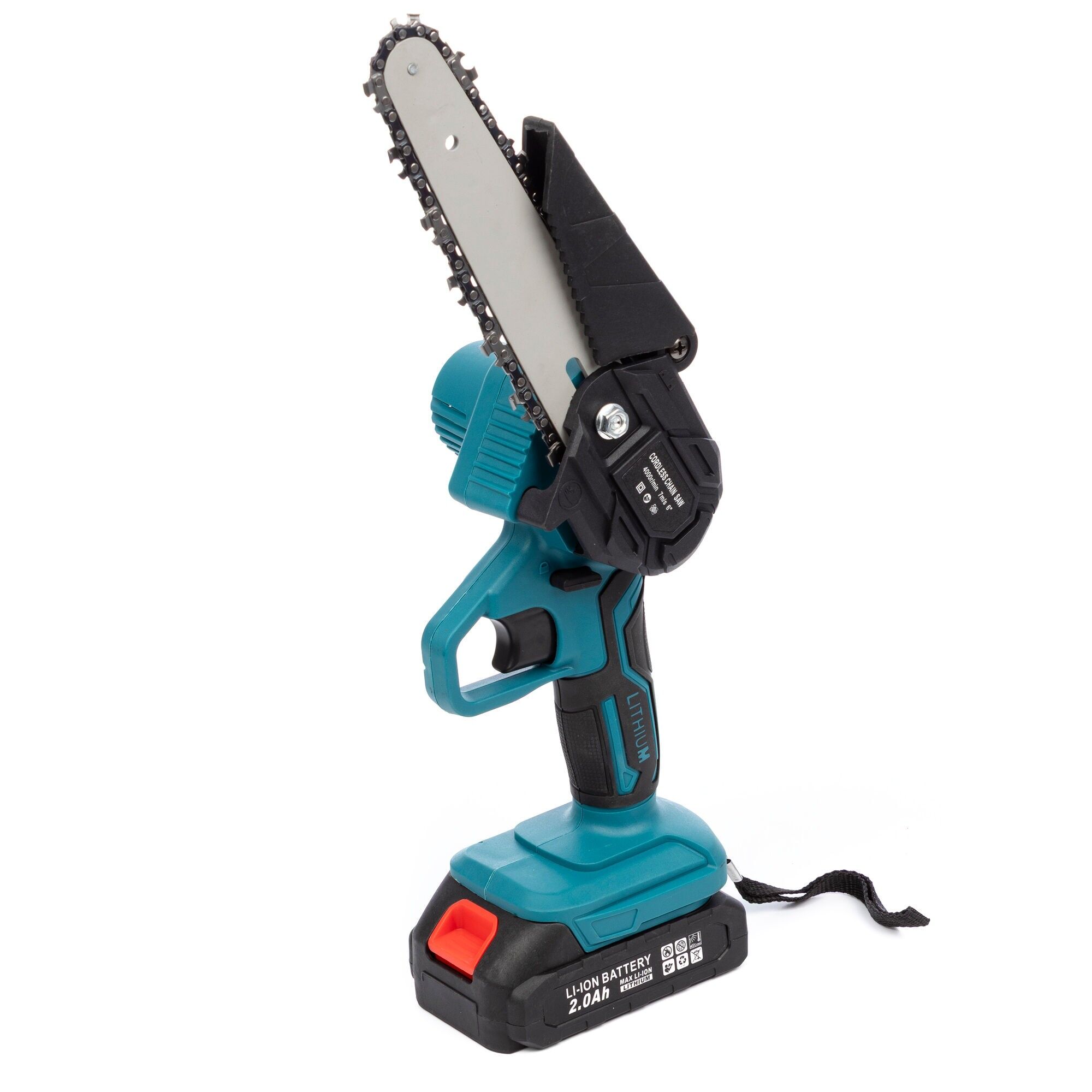 21V cordless mini chainsaw with 6-inch blade, 2 x 6500mAh batteries and carrying case.Color: Blue