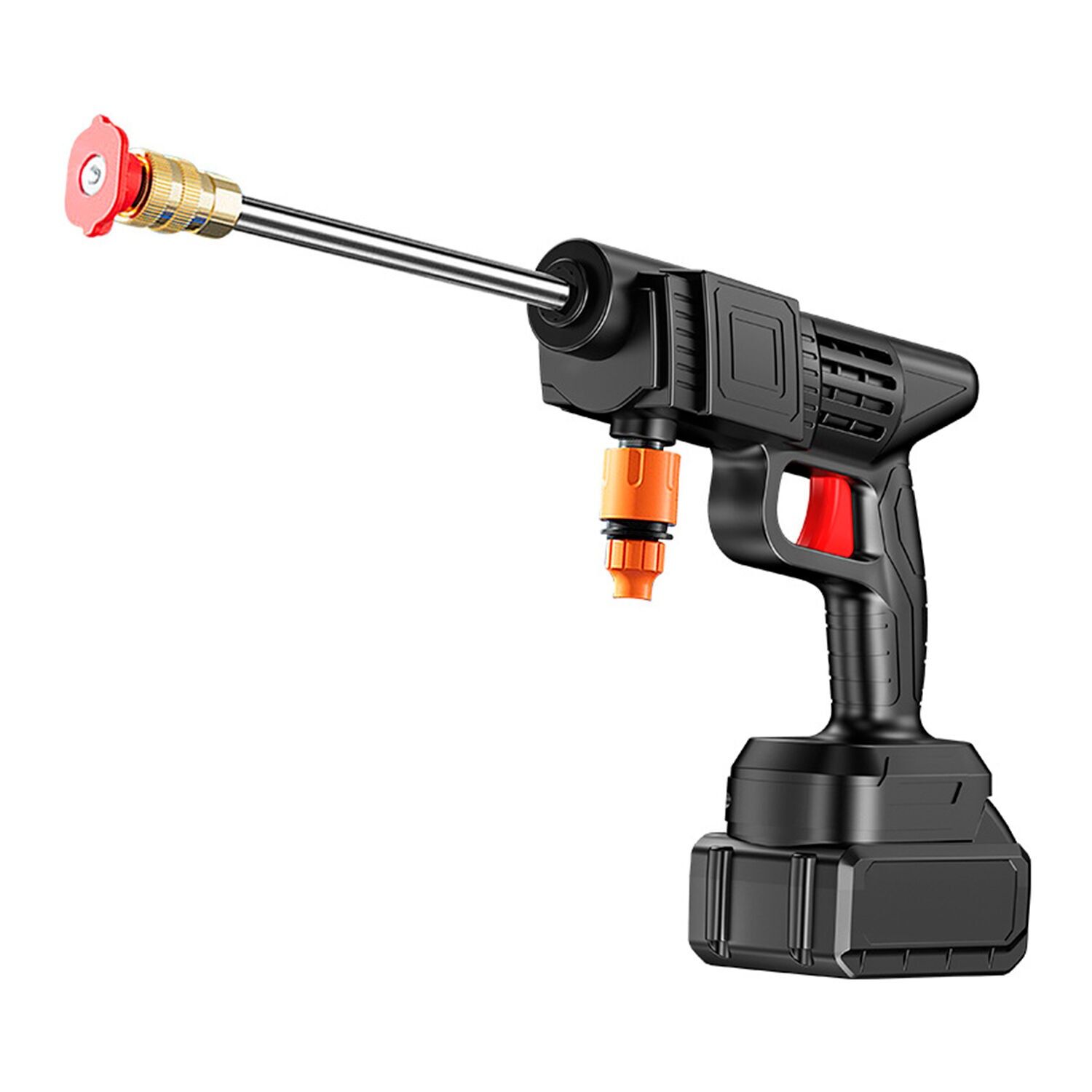 21-V-Hochdruckreinigerpistole mit abnehmbarem DOPPEL-AKKU mit 6500 mAh und 3 verschiedenen Waschadaptern. Farbe: Schwarz