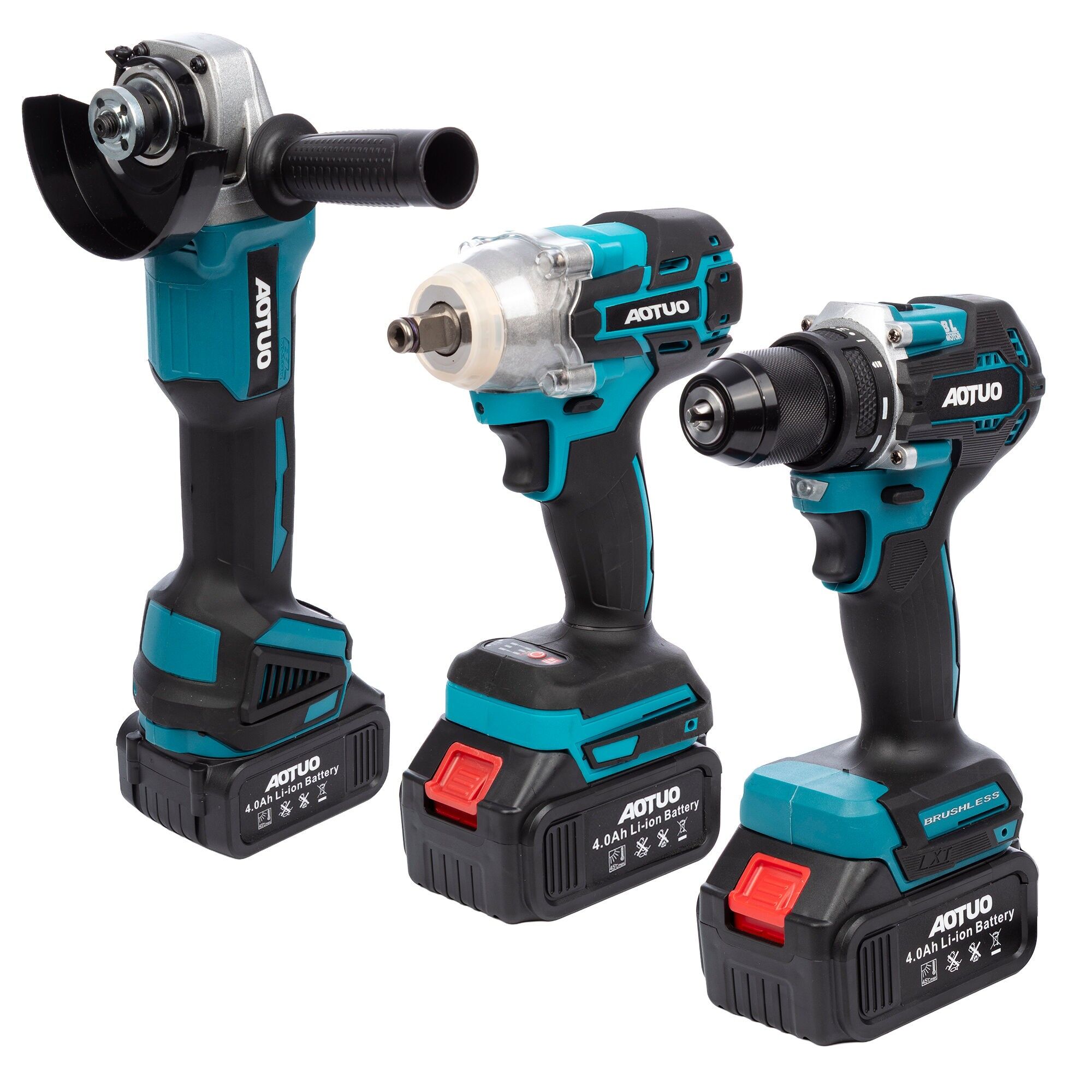 Set di 3 elettroutensili: smerigliatrice angolare, trapano e chiave a impulsi da 21 V. Con due batterie da 13000 mAh.Colore: blu