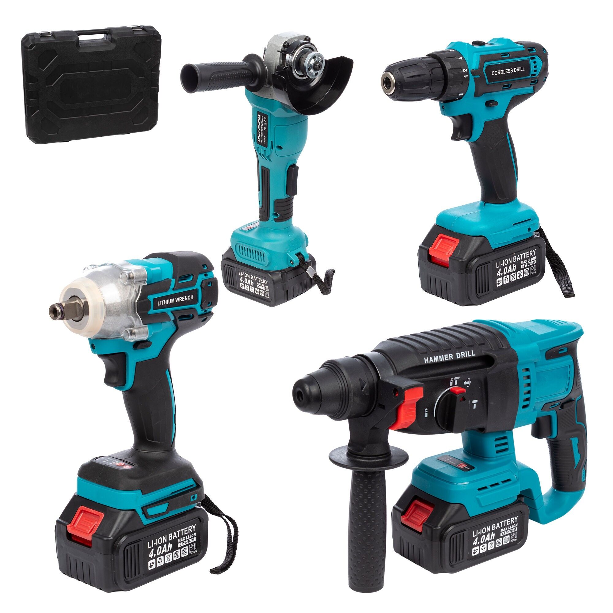 Set di 4 elettroutensili: smerigliatrice angolare, trapano a percussione, trapano e chiave a impulsi da 21 V.DOPPIA BATTERIA 13000 mah Colore: Blu