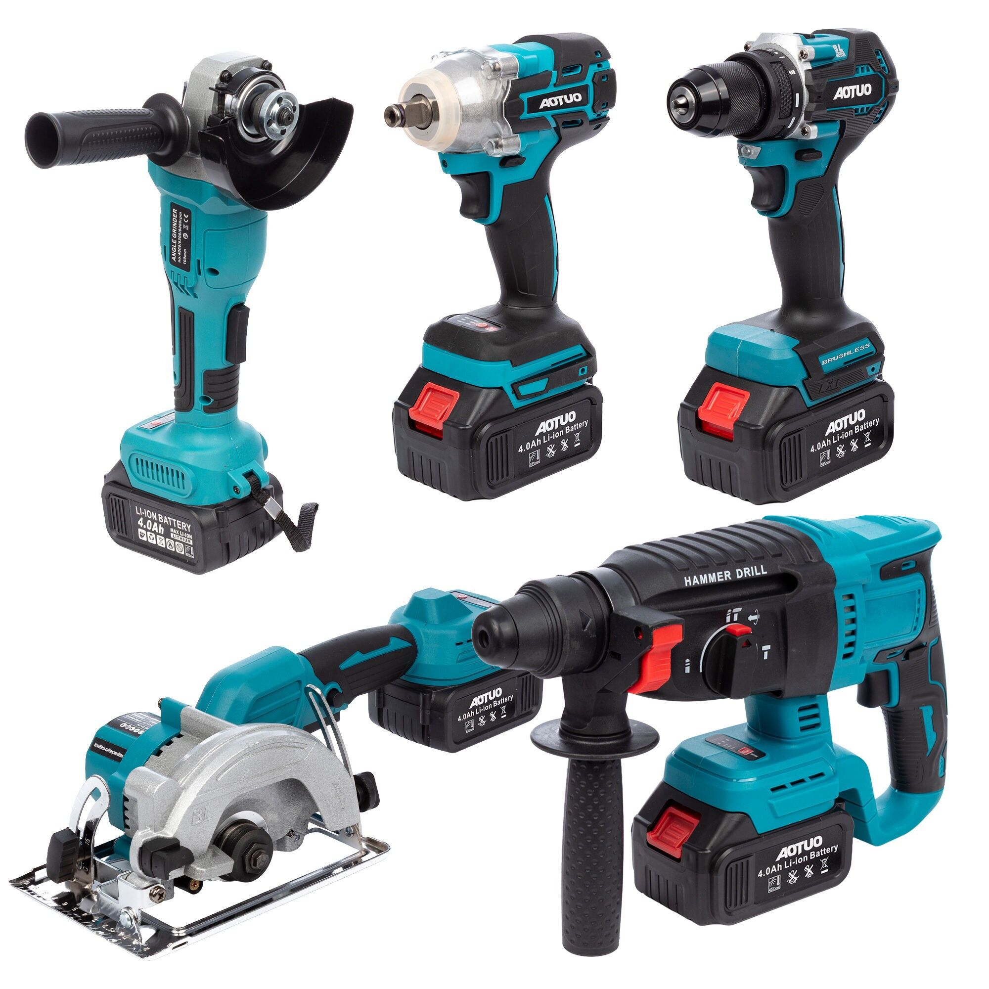 Set of 5 power tools, angle grinder, hammer drill, jigsaw and 21V impact wrench. With two 13000mAh batteries.Color: Blue