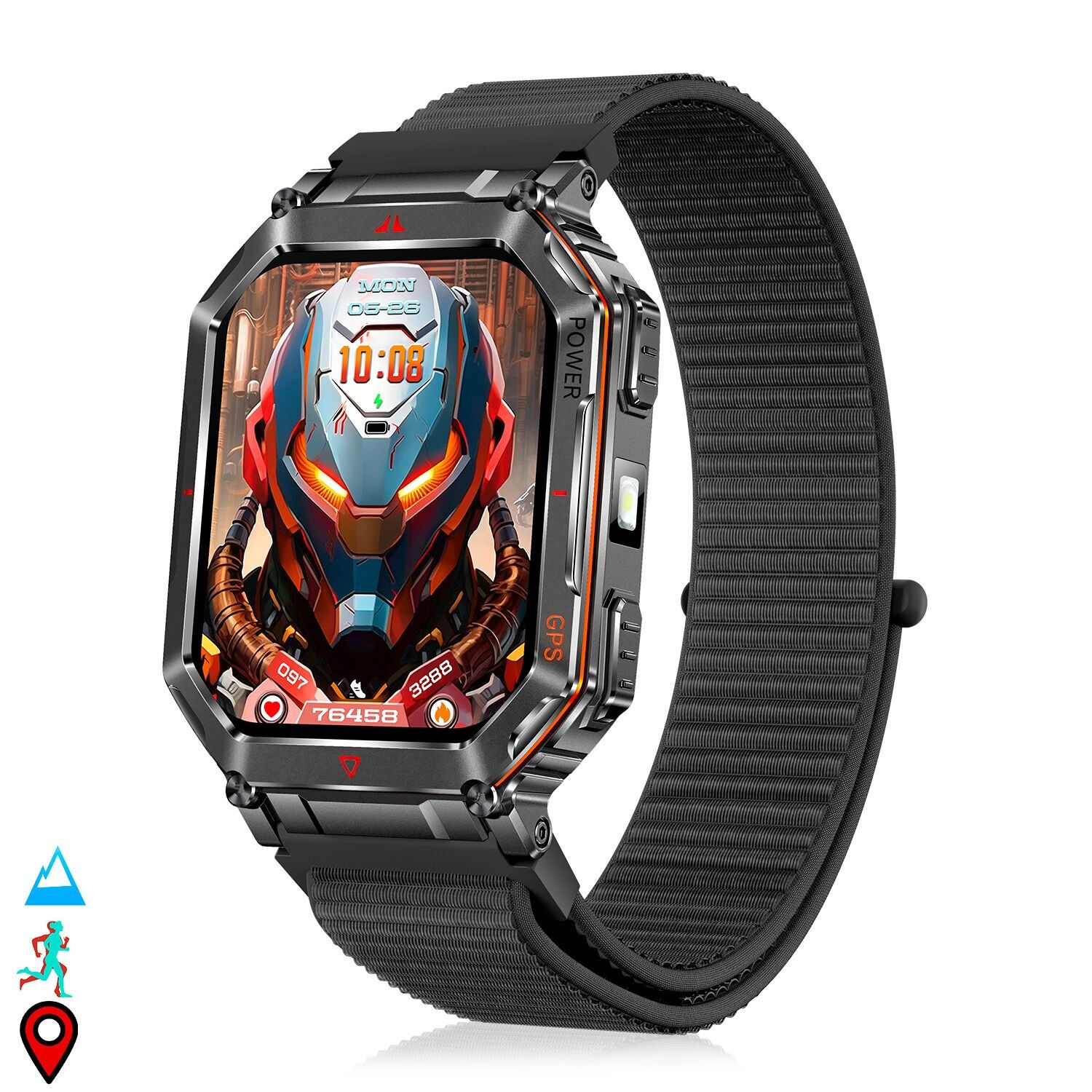 KR92-Smartwatch mit BT-Anrufen, GPS, Scan-Tools, Herzfrequenzmesser, ChatGPT und über 100 Sportmodi. Nylonband. Farbe: Schwarz