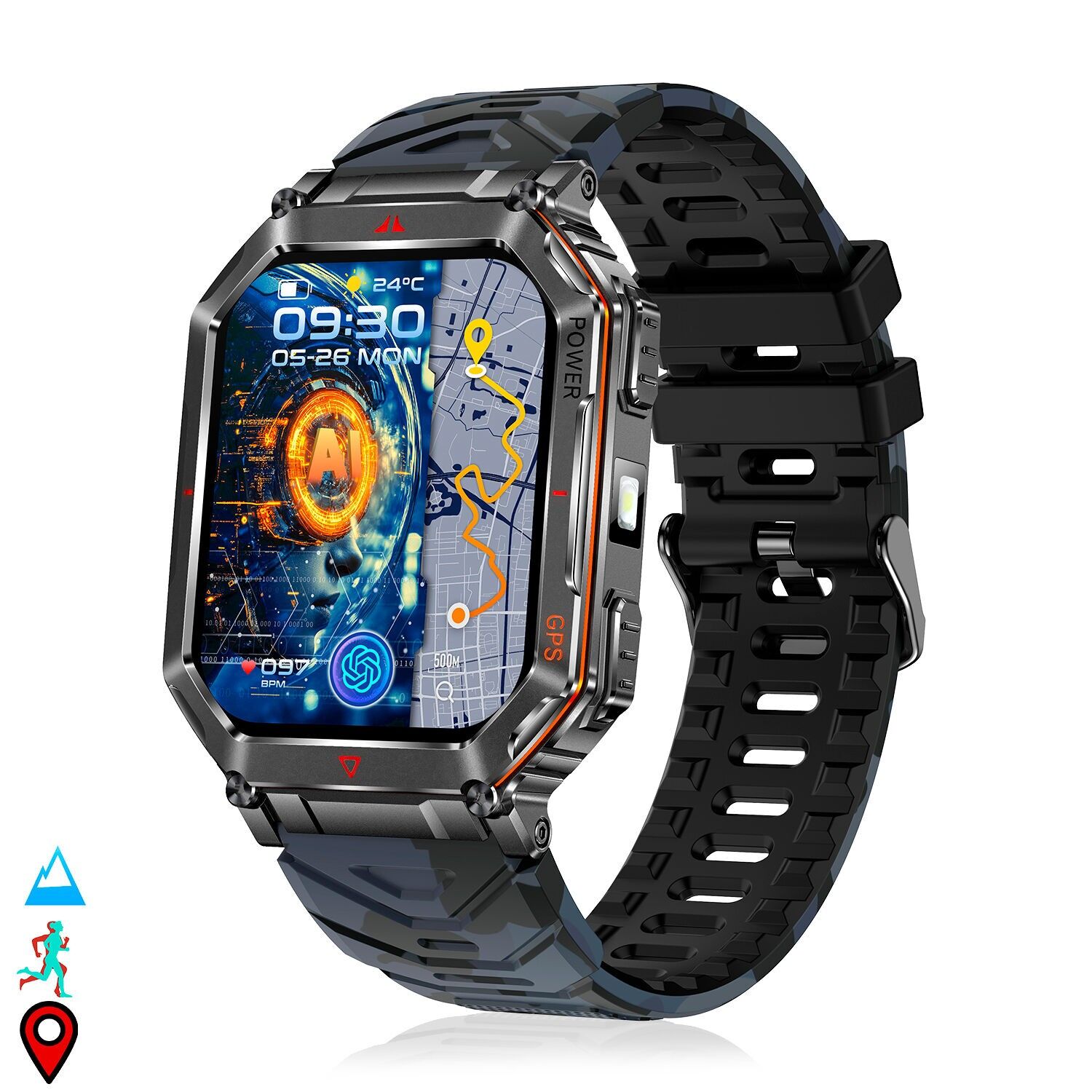 Montre intelligente KR92 avec appels BT, GPS, outils d'analyse, moniteur de fréquence cardiaque, ChatGPT et plus de 100 modes sportifs.