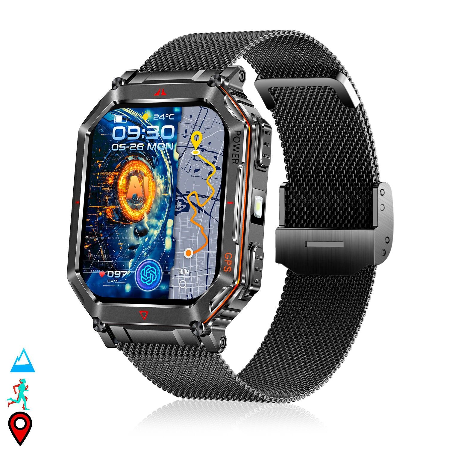 Montre intelligente KR92 avec appels BT, GPS, outils d'analyse, moniteur de fréquence cardiaque, ChatGPT et plus de 100 modes sportifs. Bracelet en métal.