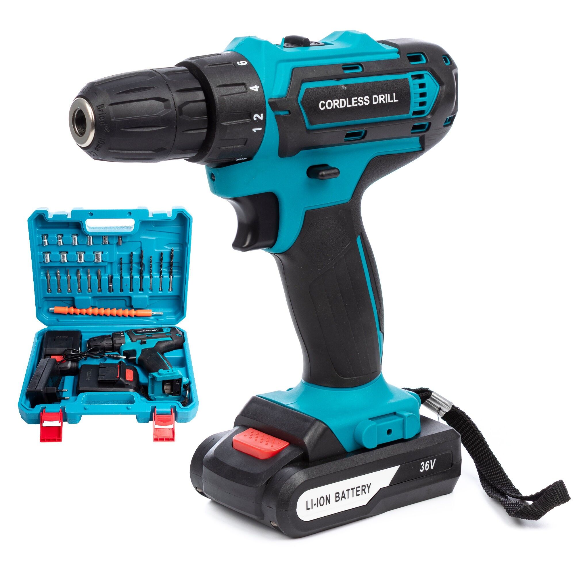 Trapano elettrico a batteria da 21 V con doppia velocità, 40 Nm, custodia per il trasporto e 24 accessori. 2 batterie da 6500 mAh.Colore: blu