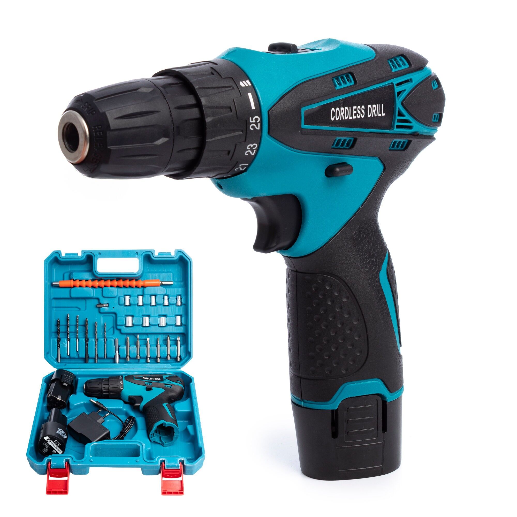 Trapano elettrico a batteria da 12 V con doppia velocità, custodia per il trasporto e 24 accessori. DOPPIA BATTERIA 2600mah.Colore: blu