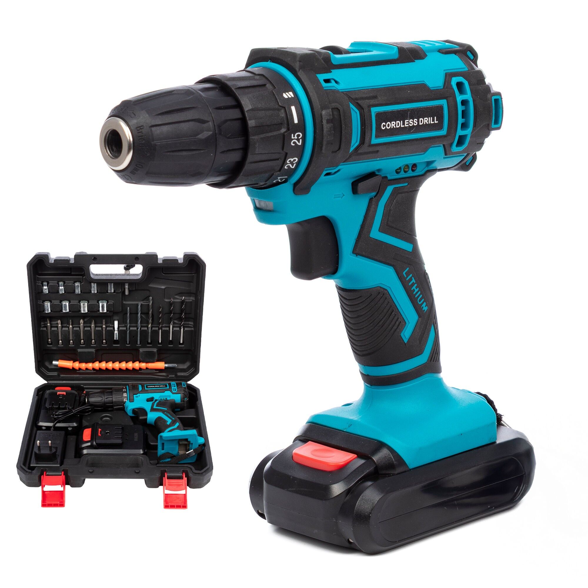 Trapano avvitatore a batteria a doppia velocità da 21 V, 40 Nm, custodia per il trasporto e 24 accessori. 2 batterie da 6500 mAh.Colore: blu