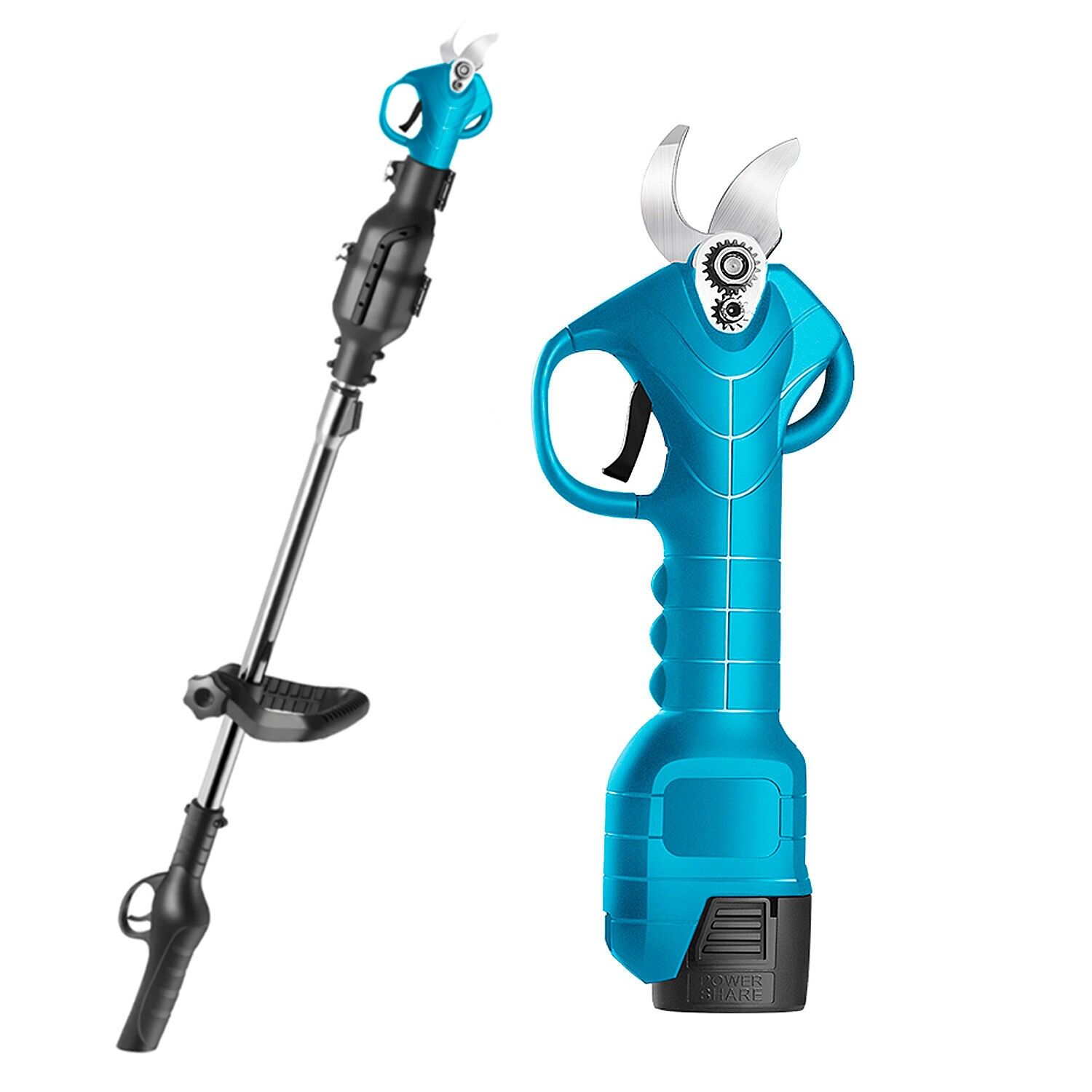 Forbici elettriche da potatura 16.8V con manico lungo, lama da 28mm con 500W e DOPPIA BATTERIA da 10000mAh.Colore: azzurro