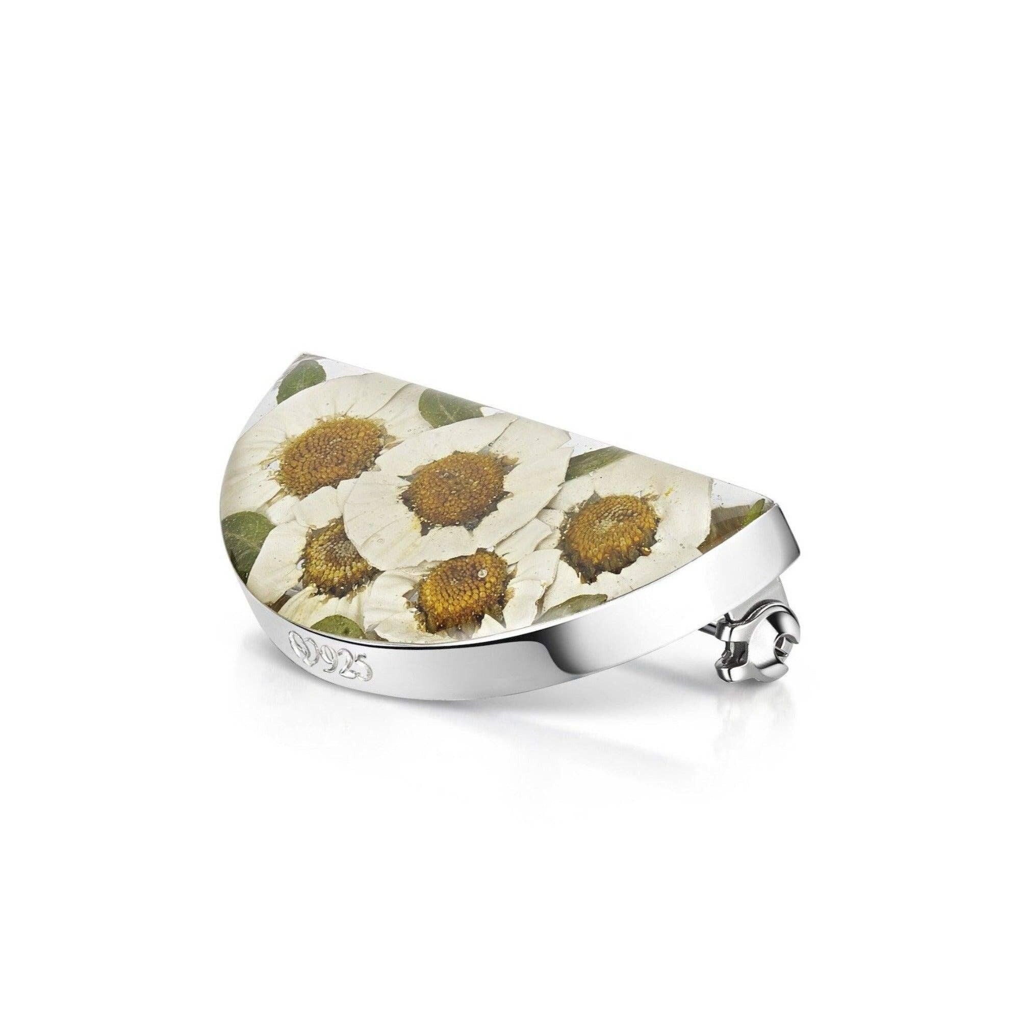 Silberbrosche – Gänseblümchen – Halbmond (vernickelte Nadel)