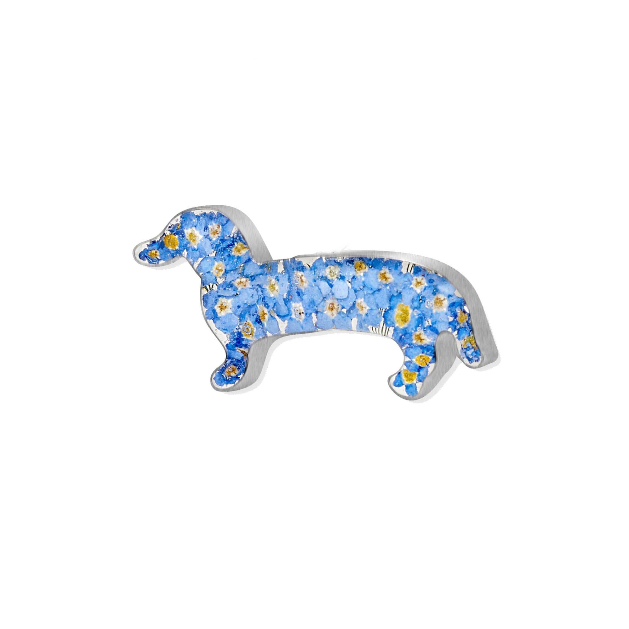 Silver Brooch With Plated Pin-Forget-Me-Nots-Dachshund.