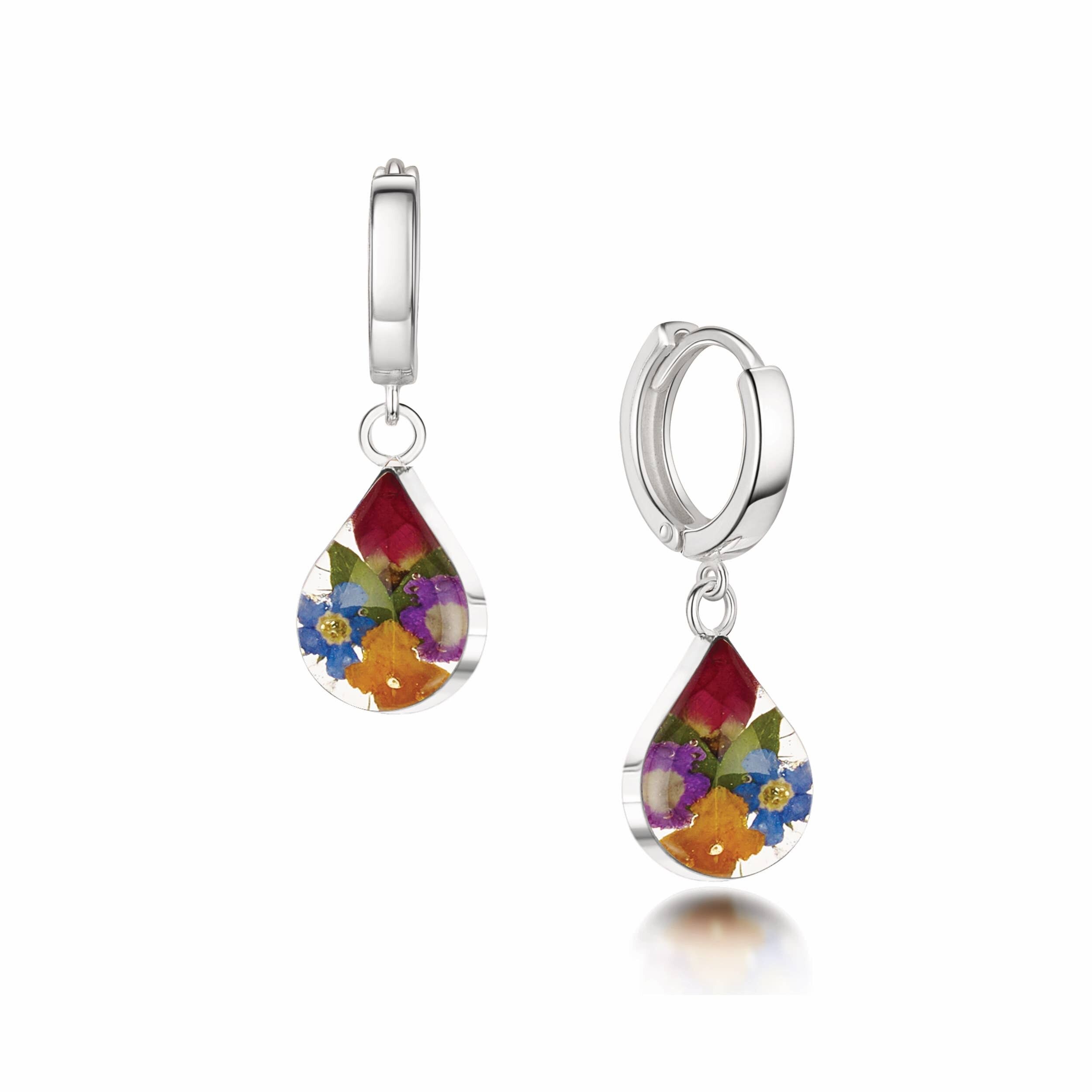Orecchini Huggie in argento sterling - Fiori misti - Goccia
